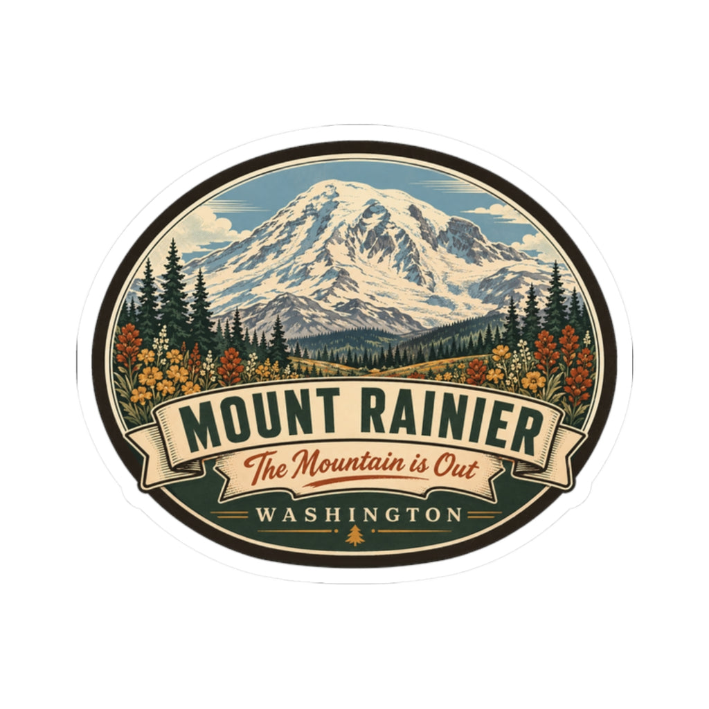 Oval travel decal: Mount Rainier mountain artwork with evergreen trees and WASHINGTON label