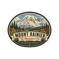 Oval travel decal: Mount Rainier mountain artwork with evergreen trees and WASHINGTON label