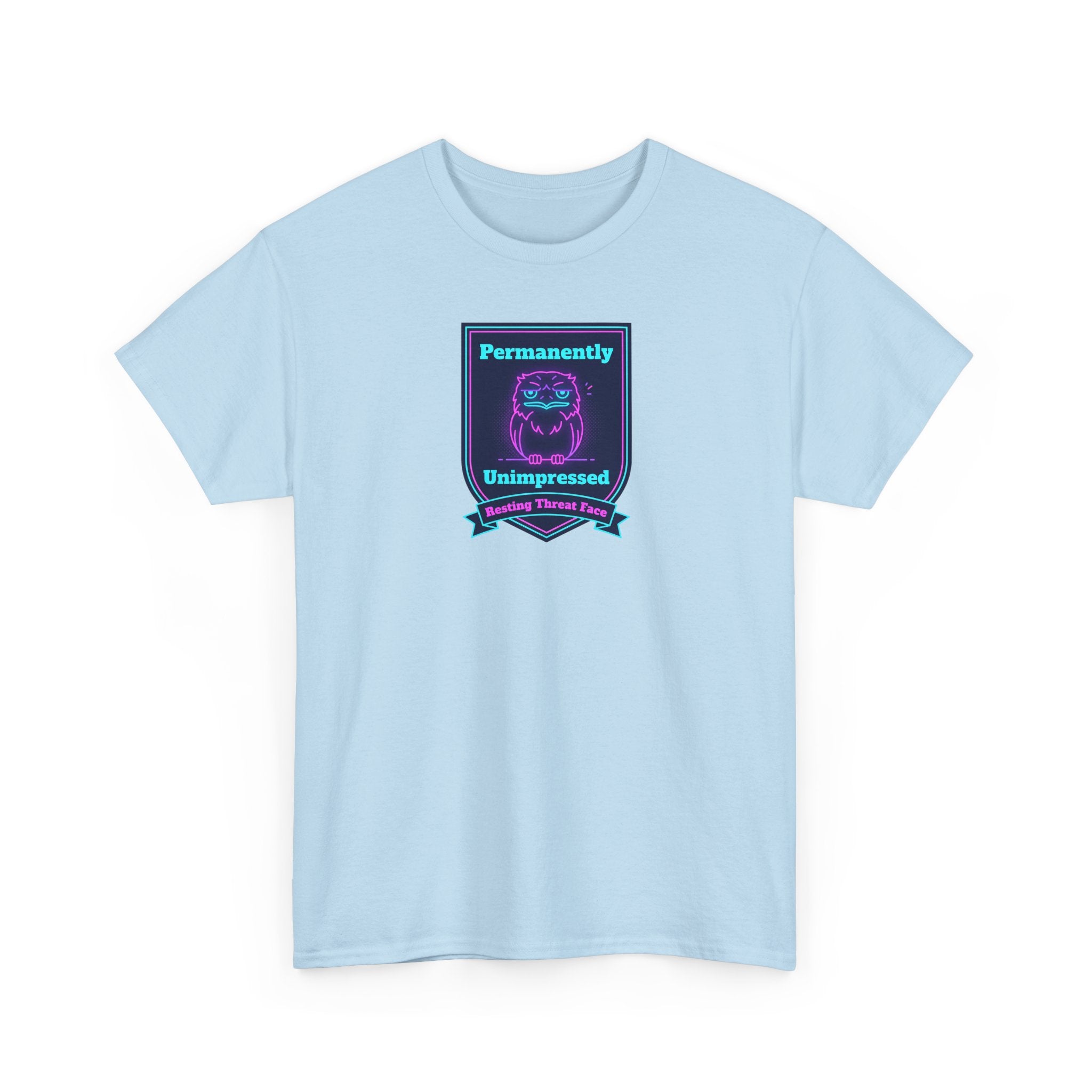 Light blue crewneck badge tee with neon robot badge graphic on chest