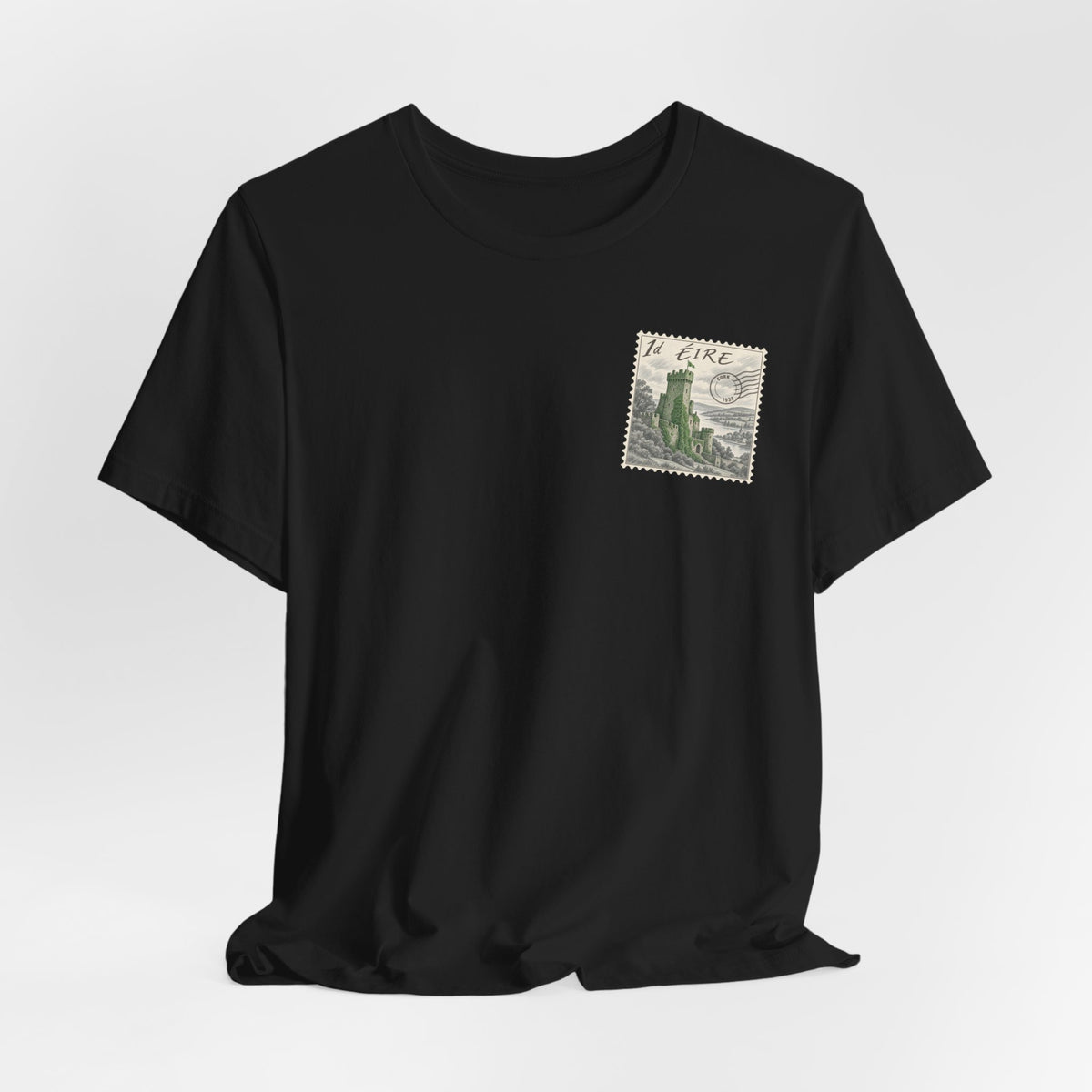 Black T-shirt with vintage postage-stamp graphic on the left chest