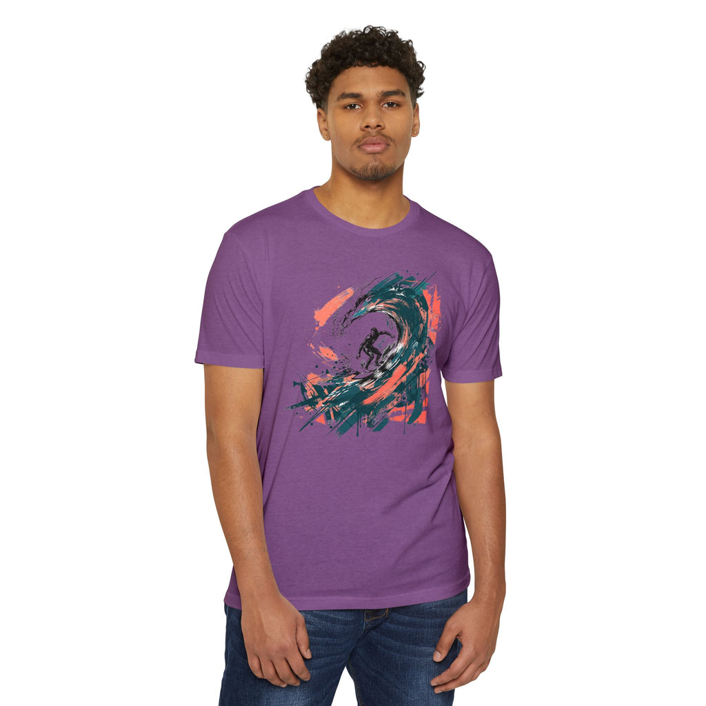 Purple crew-neck T-shirt with colorful abstract wave paintbrush graphic on front.