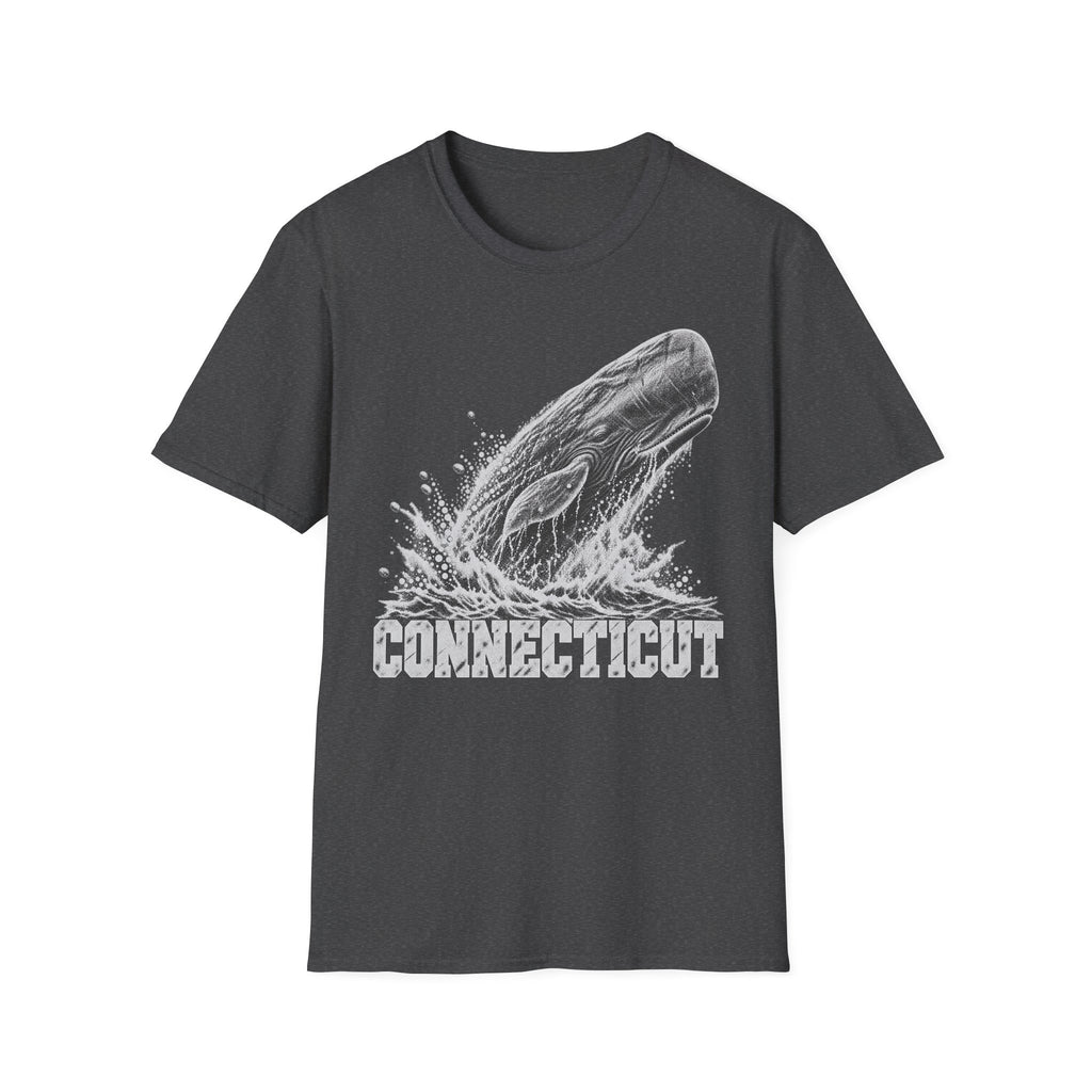 Charcoal gray t-shirt with gray breaching whale splash graphic and “Connecticut” text