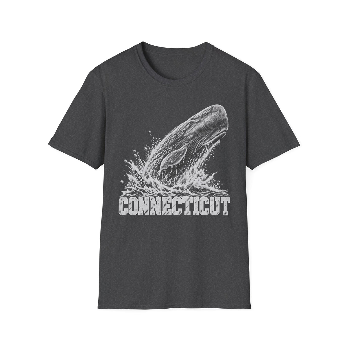 Charcoal gray t-shirt with gray breaching whale splash graphic and “Connecticut” text
