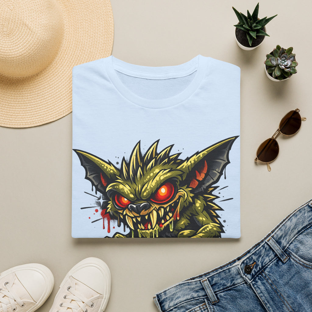 Light blue unisex crewneck T-shirt, snarling skull graphic with red glowing eyes
