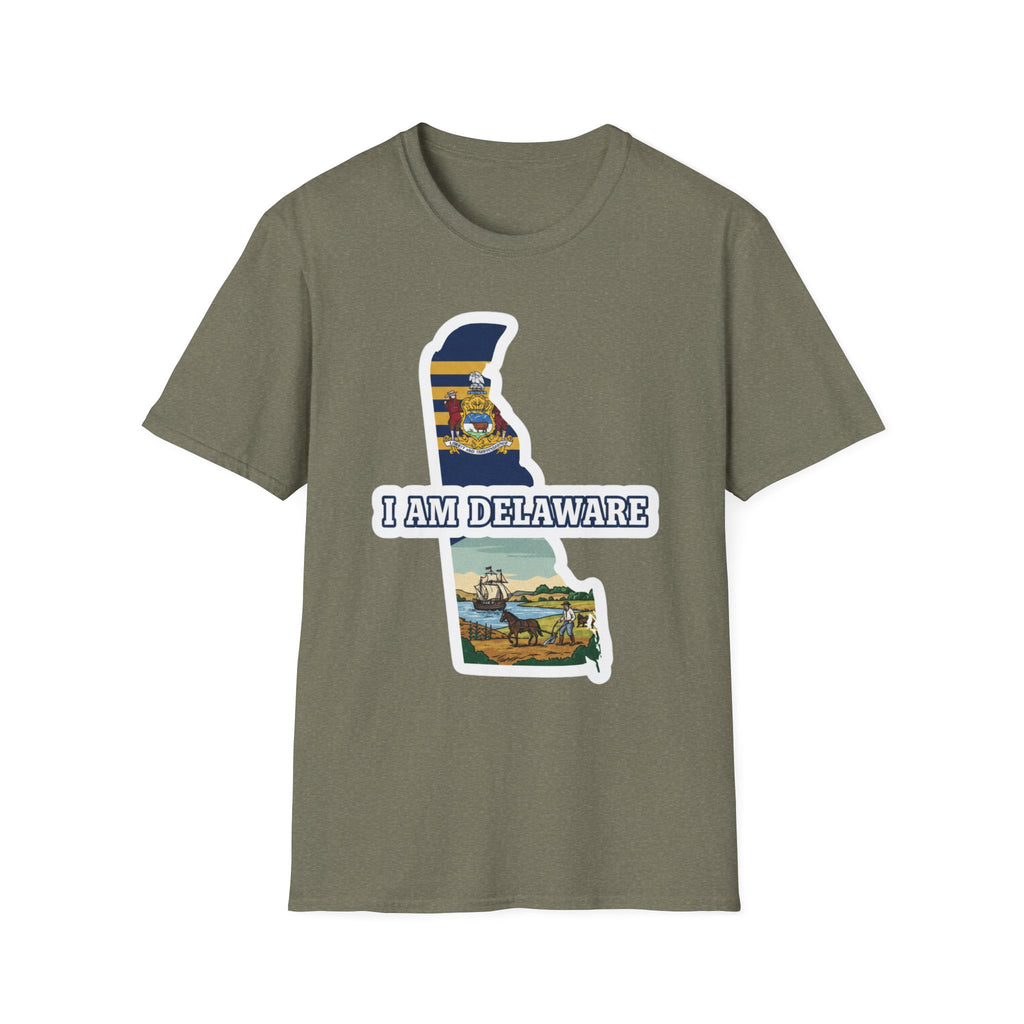 Heather military green T-shirt with Delaware state map graphic and 'I AM DELAWARE'