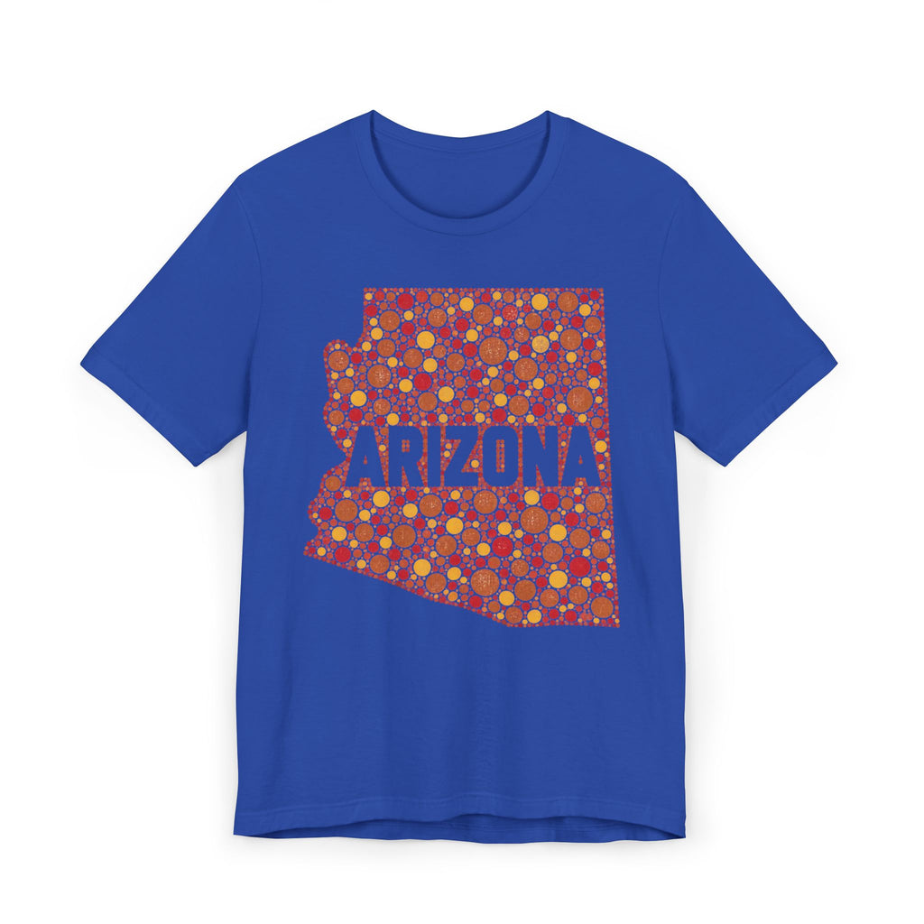 Royal blue T-shirt with orange patterned Arizona graphic front