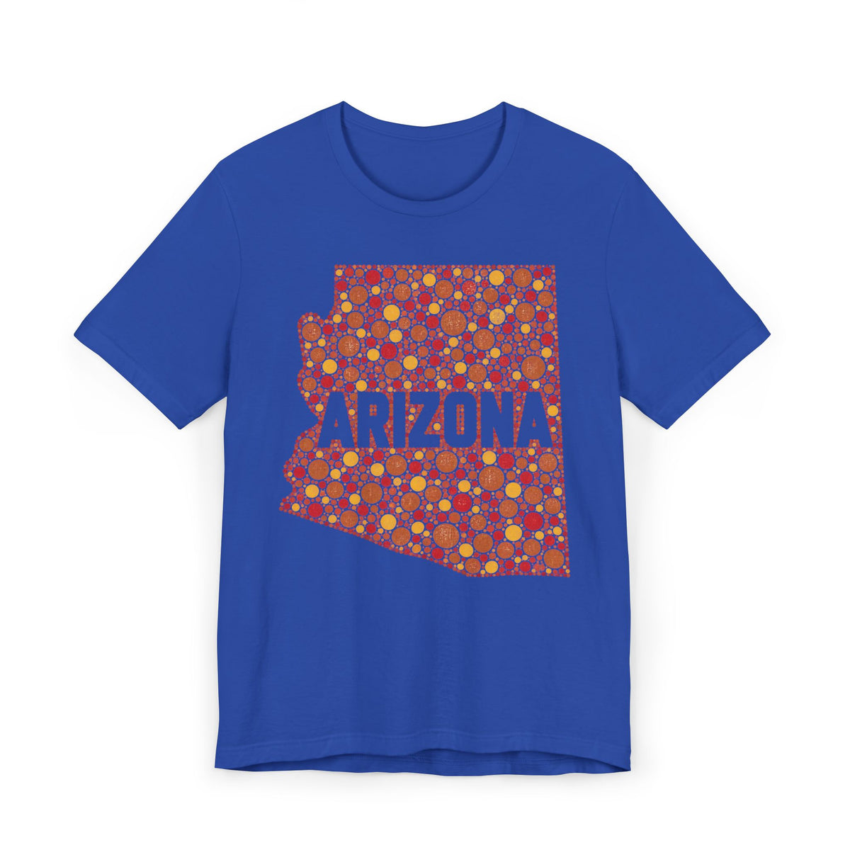 Royal blue T-shirt with orange patterned Arizona graphic front