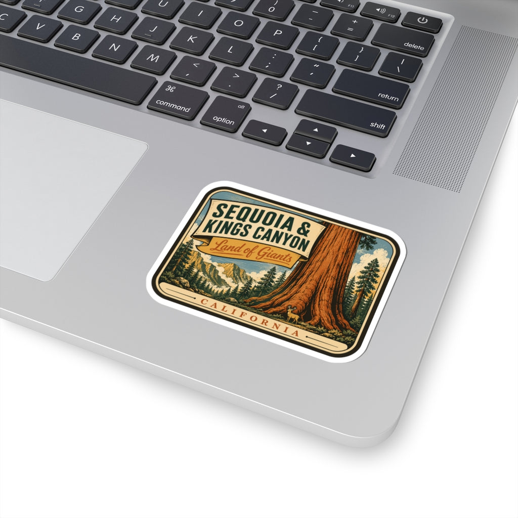 Sequoia & Kings Canyon travel sticker on laptop palm rest, vintage redwood landscape