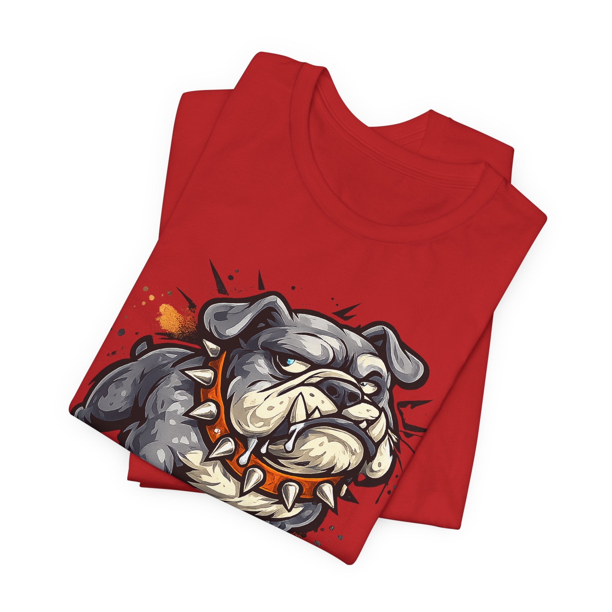 Red unisex tee with fierce cartoon bulldog head graphic