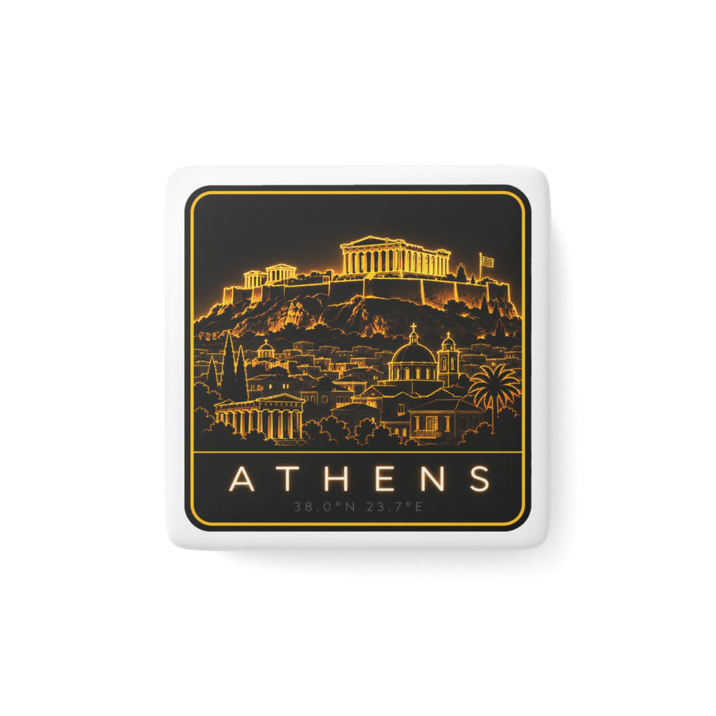 Square porcelain magnet with gold Athens skyline illustration and 'ATHENS' text