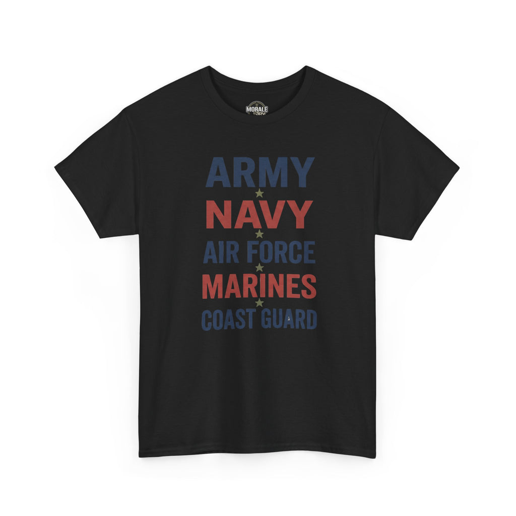 Black crew-neck T-shirt with stacked Army Navy Air Force Marines Coast Guard text