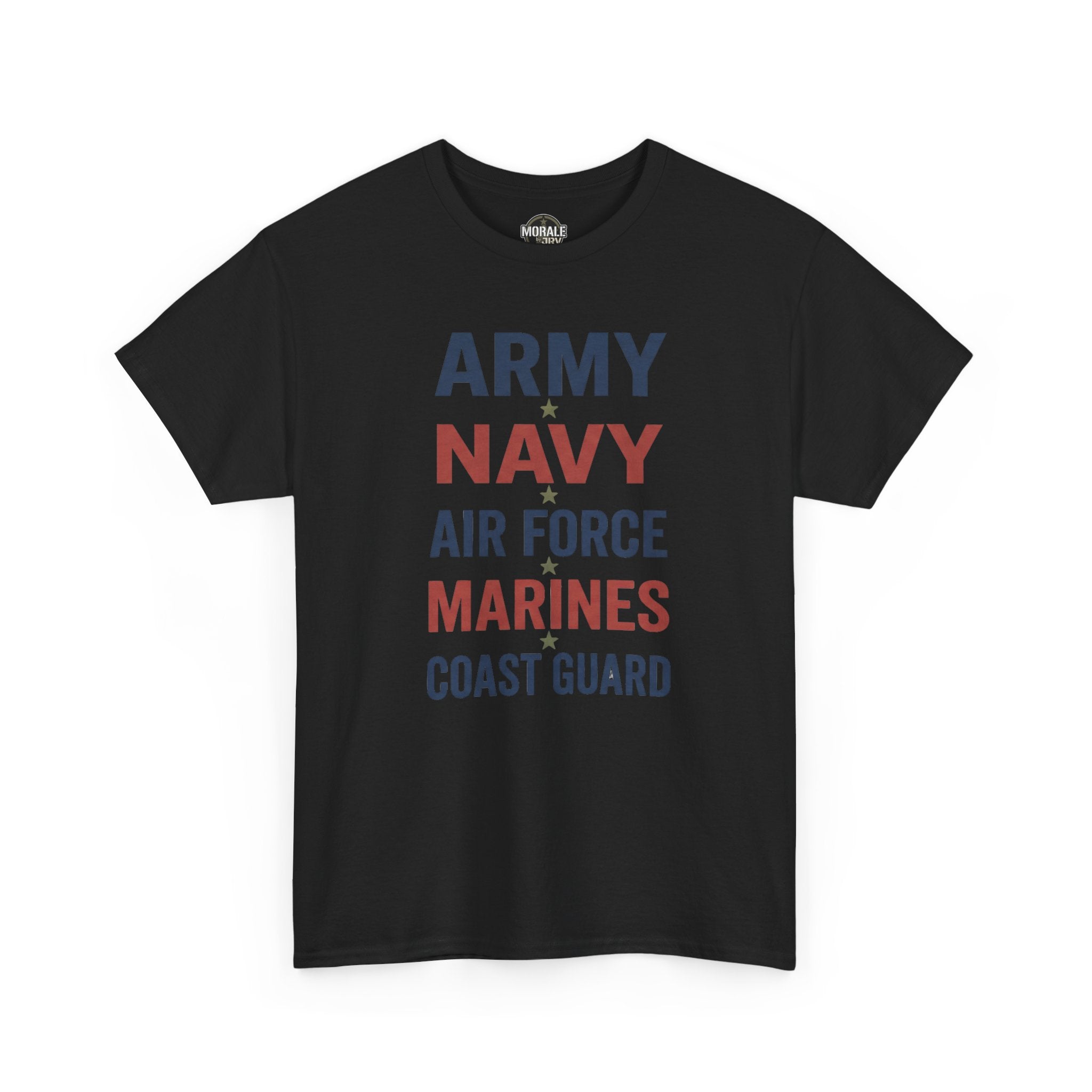Black crew-neck T-shirt with stacked Army Navy Air Force Marines Coast Guard text
