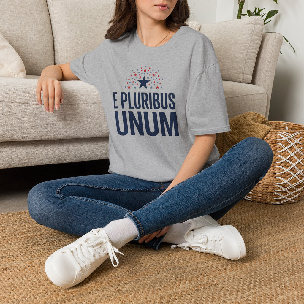 Sport grey graphic T-shirt on model, crew neck; 'E Pluribus Unum' text