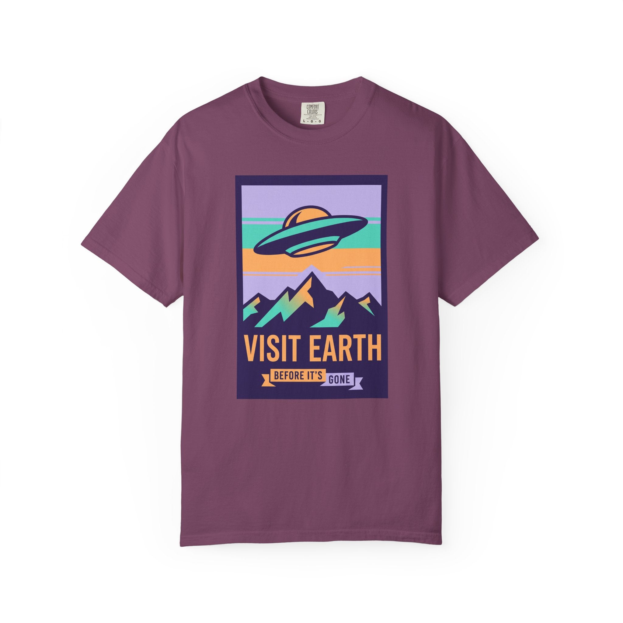 Purple T-shirt with UFO “VISIT EARTH” front graphic