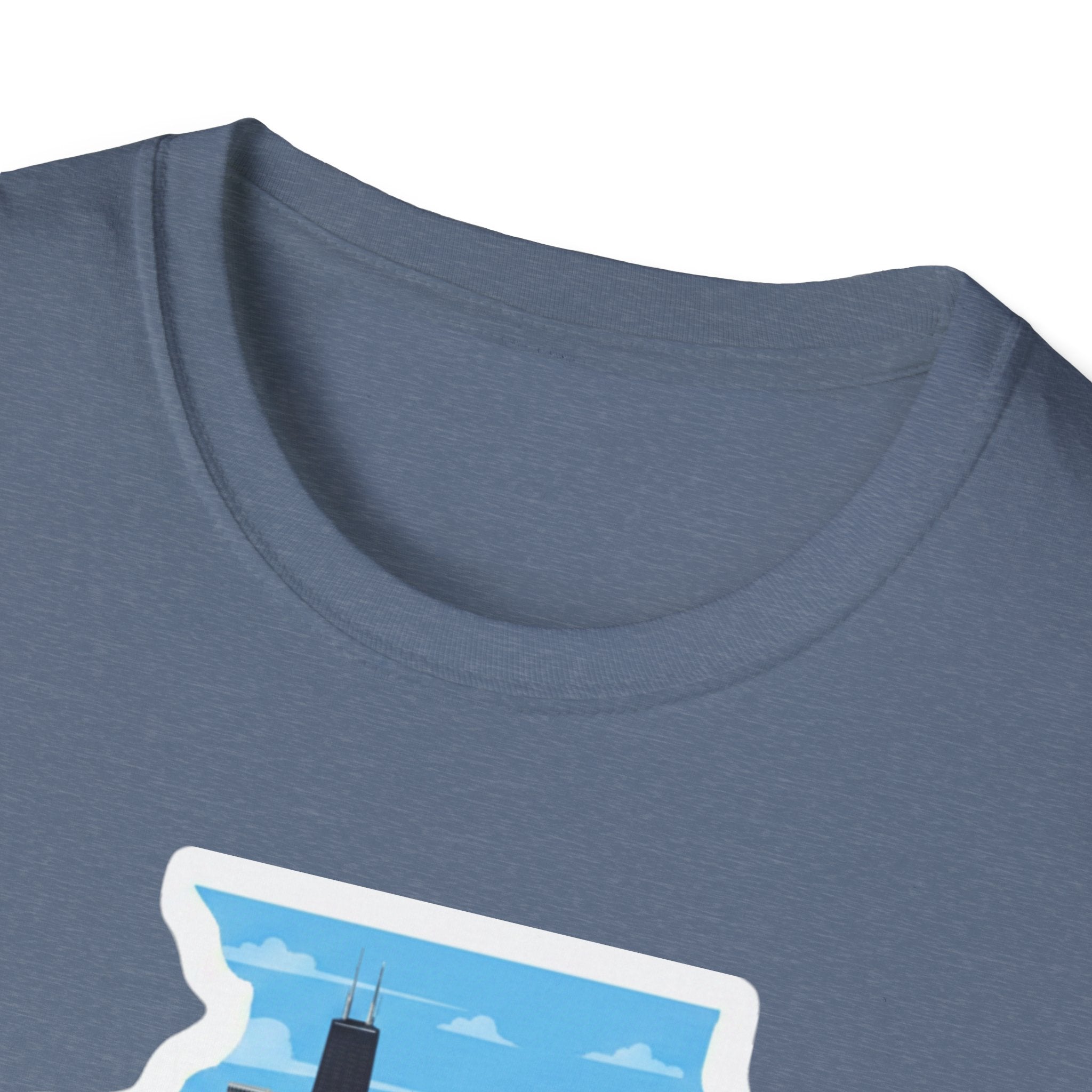 Blue heather T-shirt neckline close-up, no visible graphic