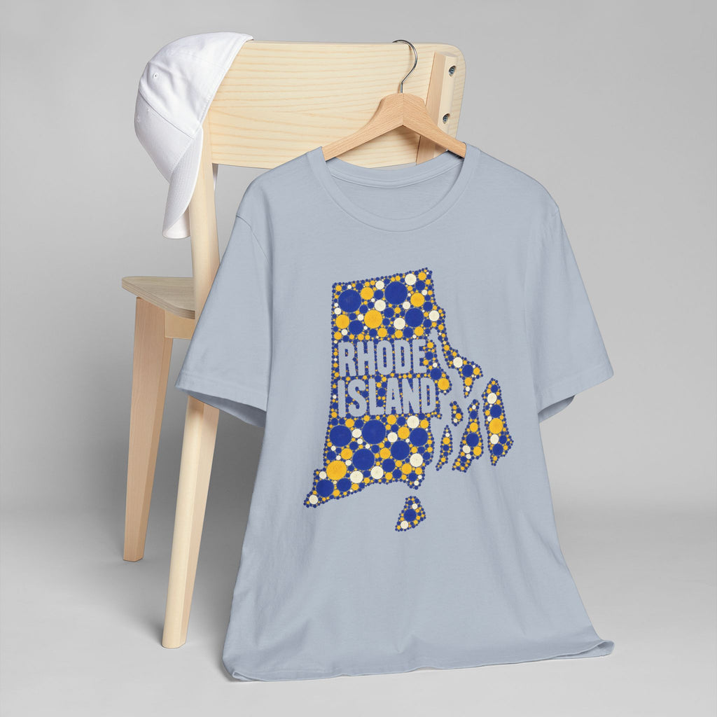 Light blue crewneck T-shirt with Rhode Island polka-dot graphic print