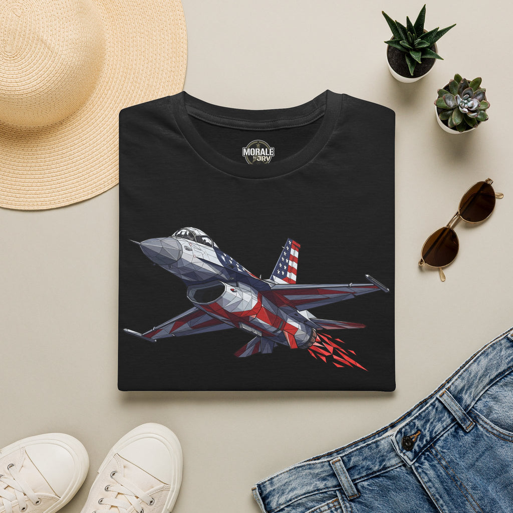 Black crew-neck t-shirt with fighter jet graphic and small logo at neckline
