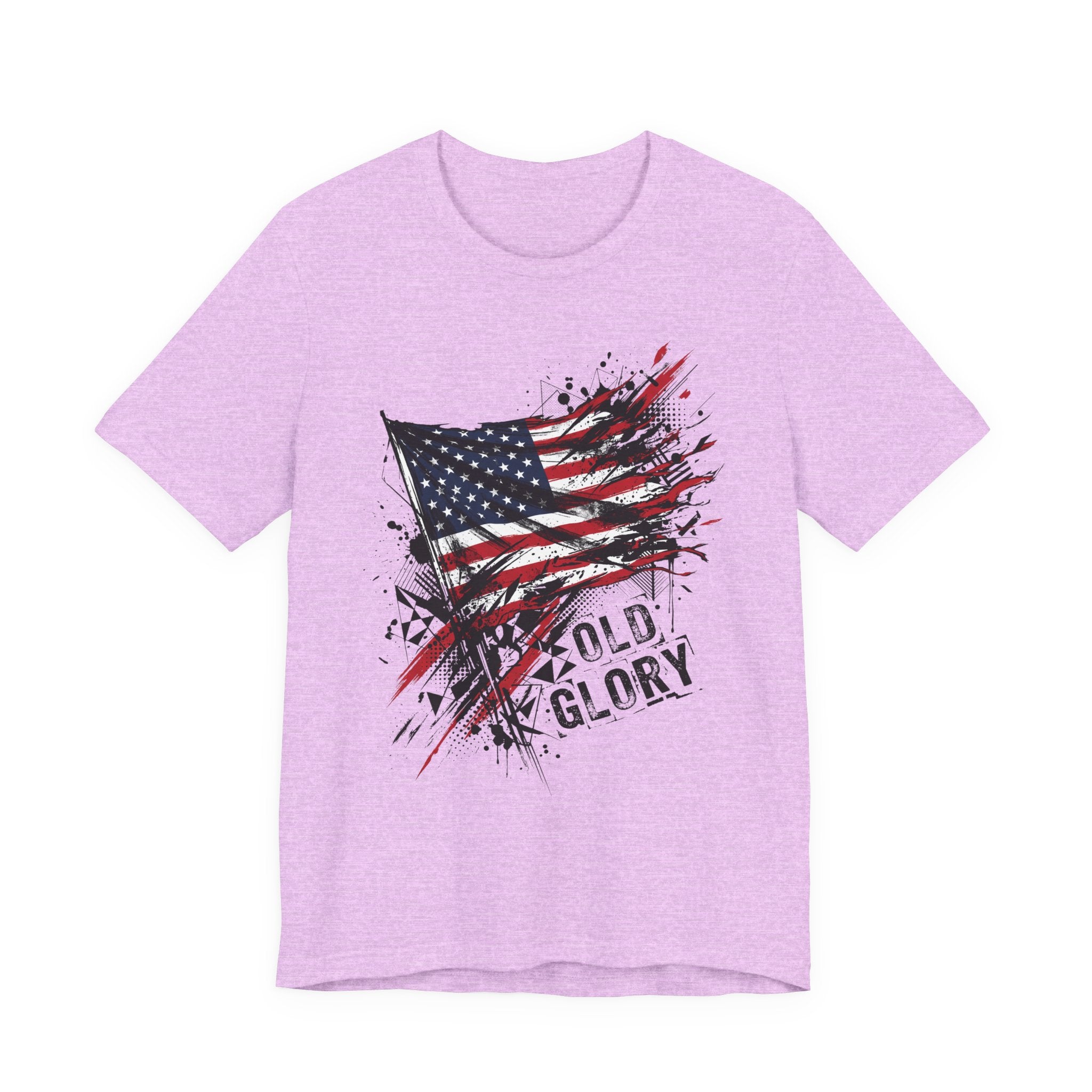 Distressed American flag t-shirt, lavender crew neck, splatter 'Old Glory' graphic.