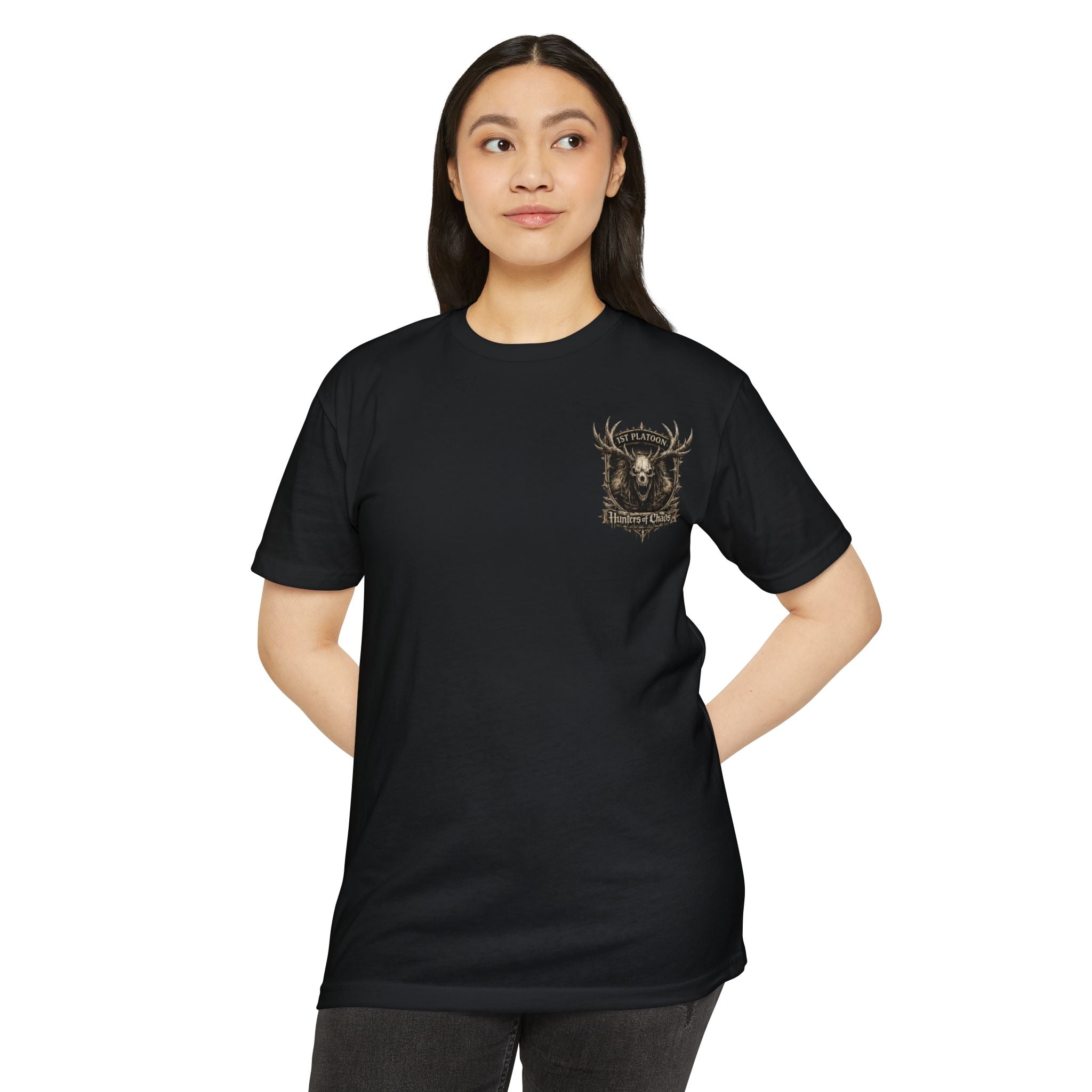Black crewneck T-shirt with gold deer-antler emblem on left chest.