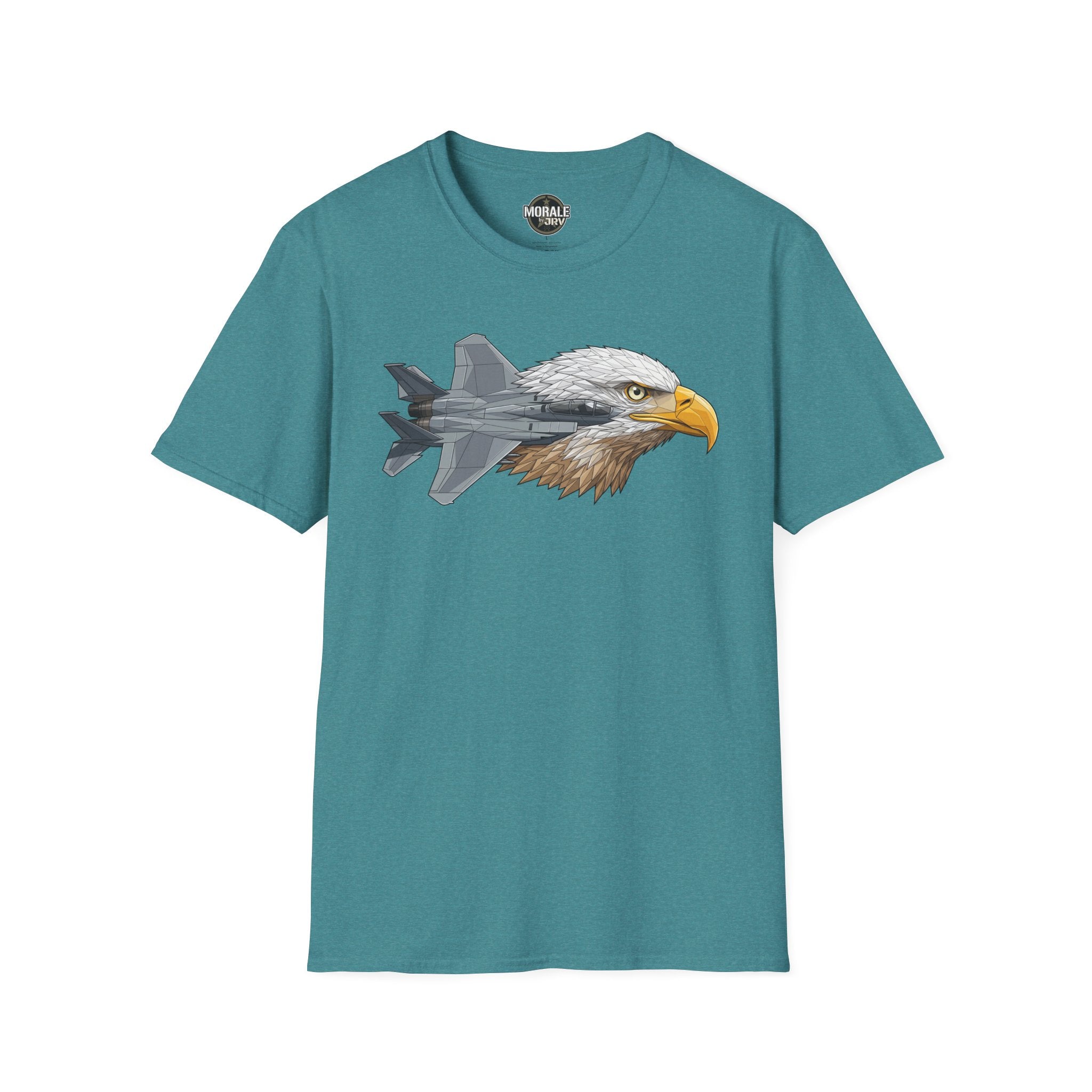 Teal T-shirt featuring eagle head with fighter jet body graphic