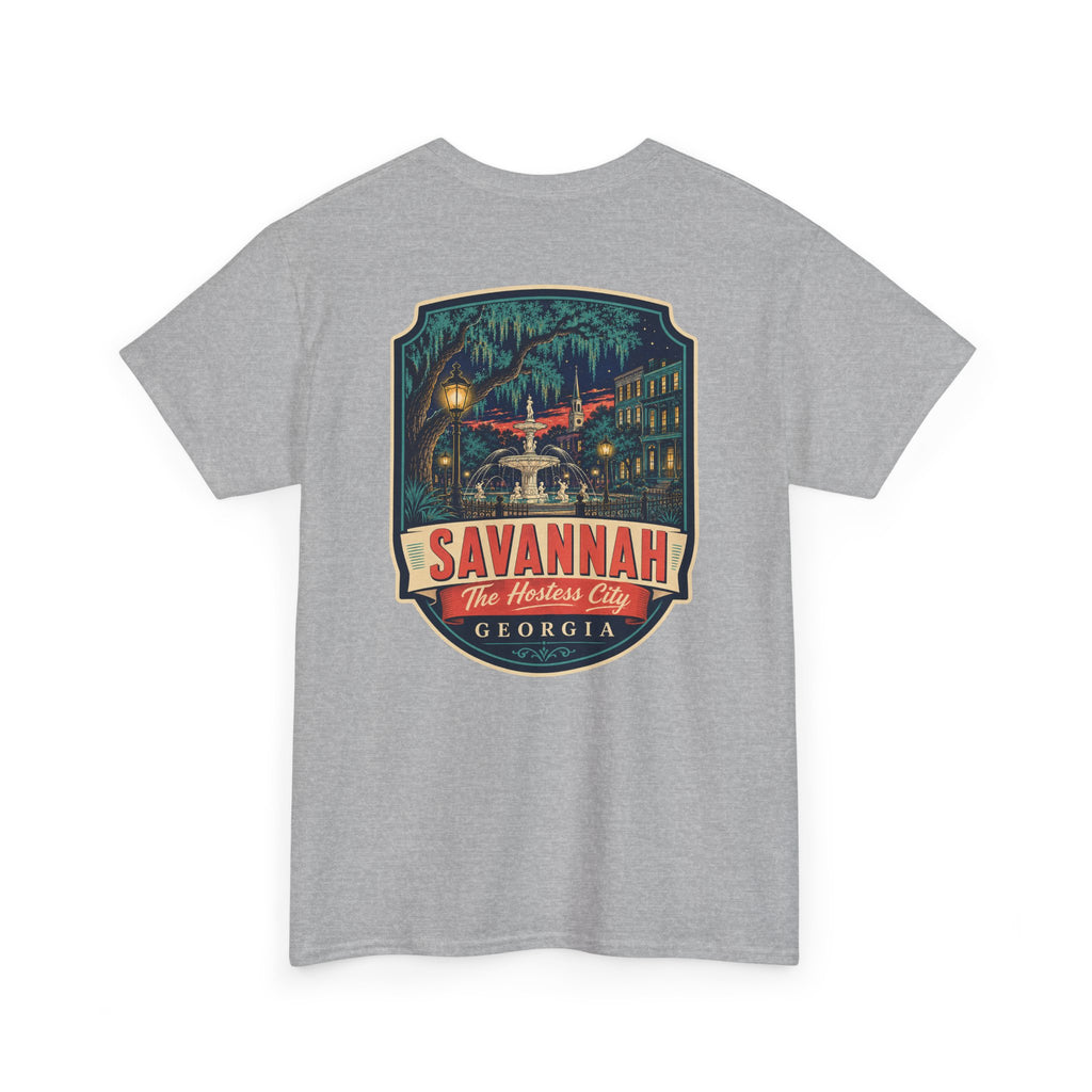 Sport grey Savannah city badge graphic T-shirt with short sleeves and crew neck.
