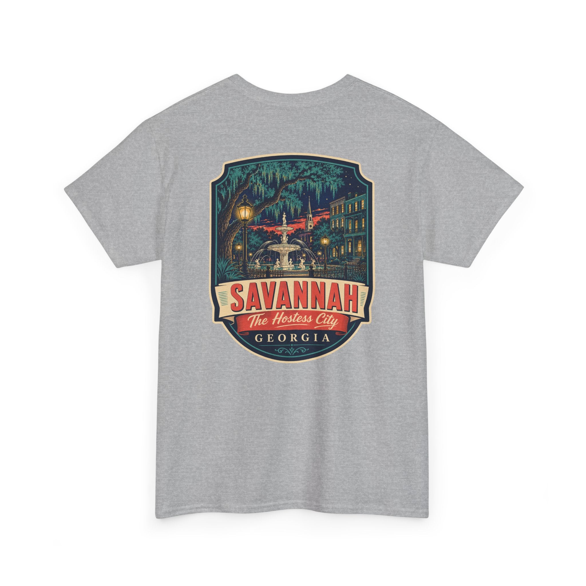 Sport grey Savannah city badge graphic T-shirt with short sleeves and crew neck.