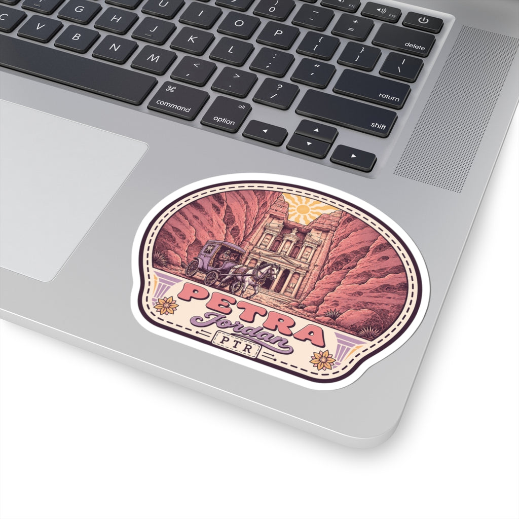 Round Petra Jordan sticker with red rock background, temple buildings, and PETRA purple text
