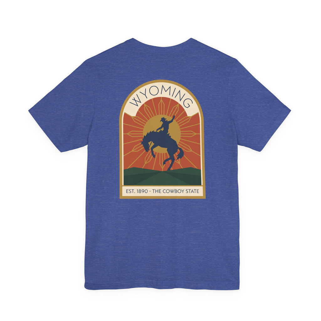 True royal blue T-shirt with Wyoming rodeo bucking bronco graphic on front