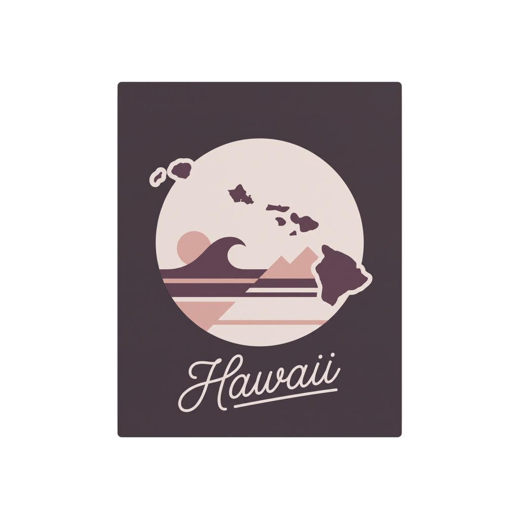 Square metal wall art featuring Hawaii map, ocean wave stripes, and 'Hawaii' cursive script