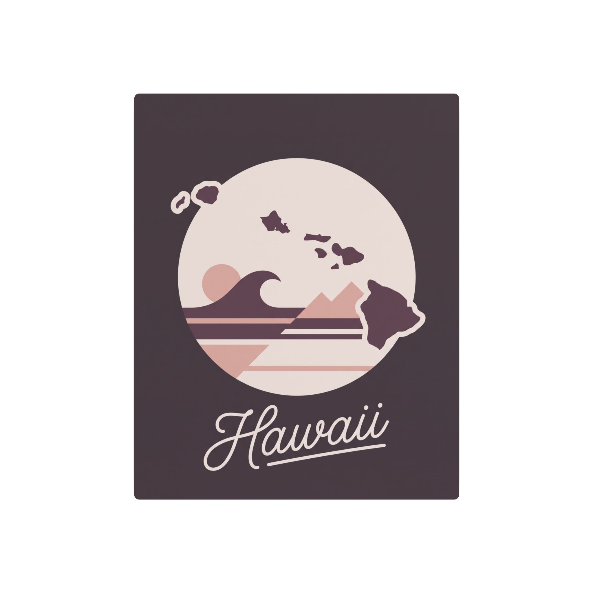 Square metal wall art featuring Hawaii map, ocean wave stripes, and 'Hawaii' cursive script