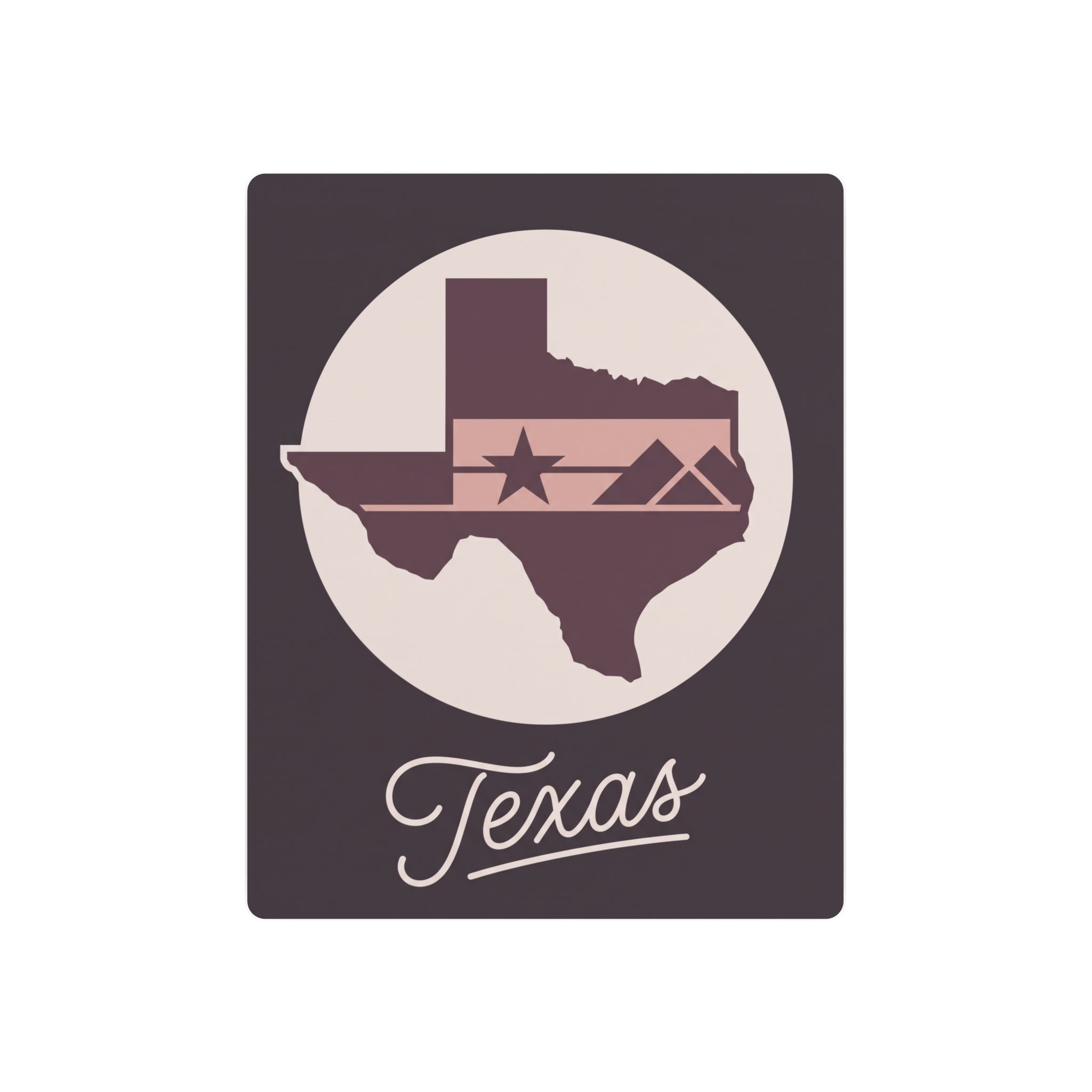 Mauve metal wall art with Texas silhouette, star, and “Texas” script in a circular design