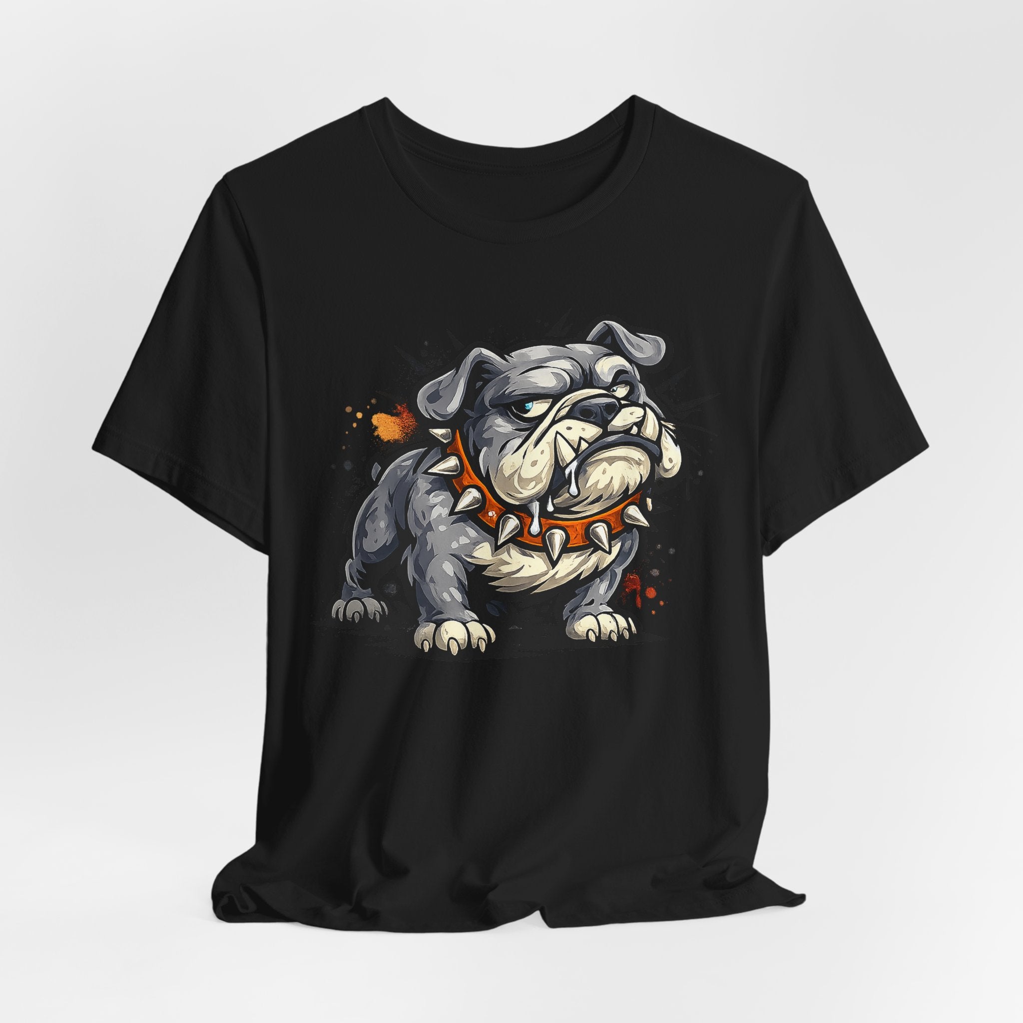 Black t-shirt with bulldog graphic featuring sharp teeth and orange splashes