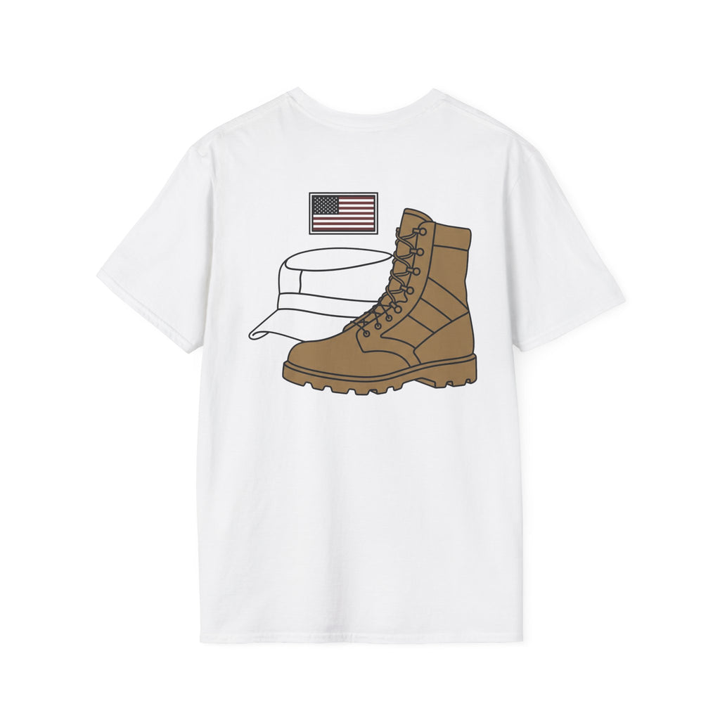 White T-shirt with American flag and tan boot graphic on the chest