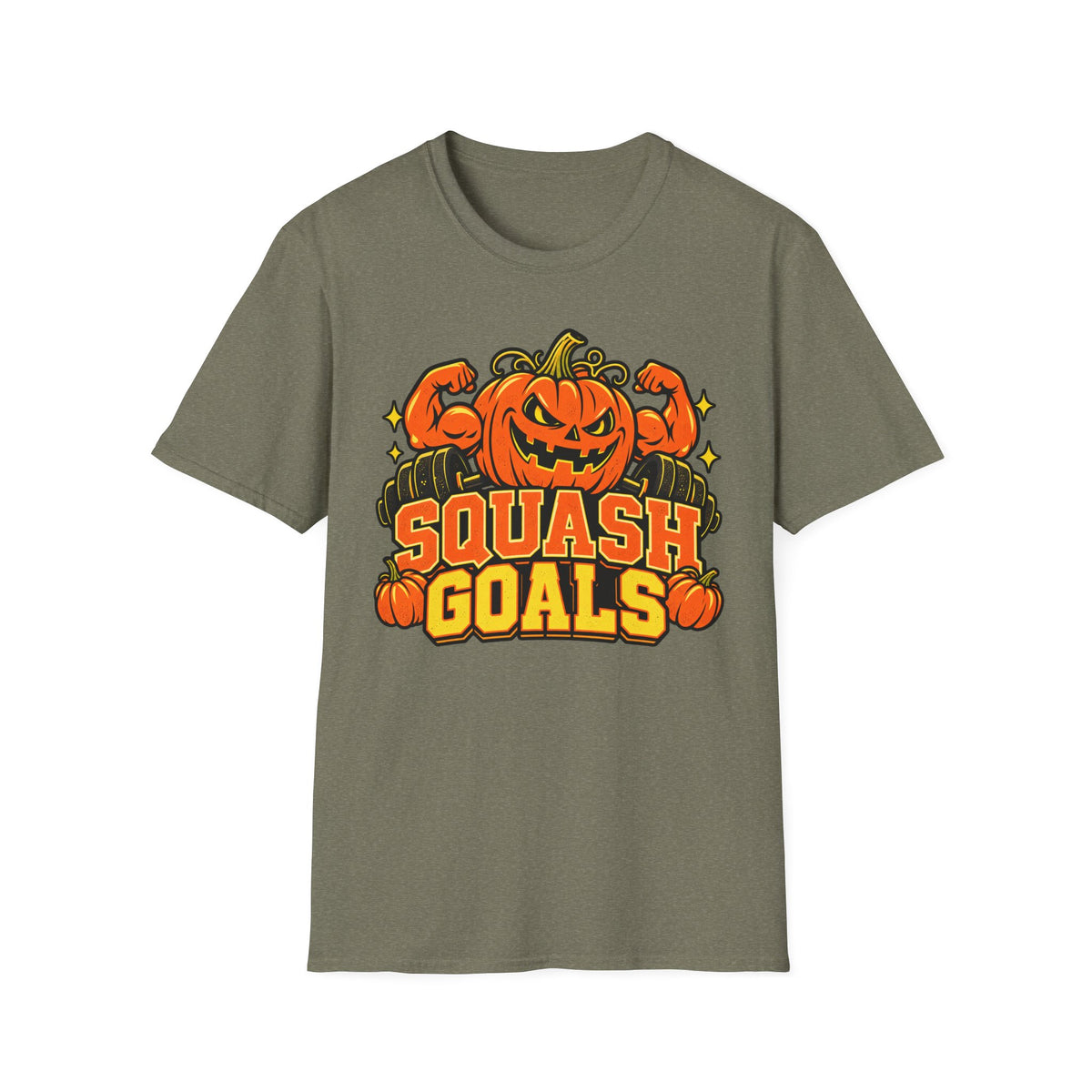 Olive green Halloween T-shirt with jack-o-lantern pumpkin graphic and "SQUASH GOALS" text