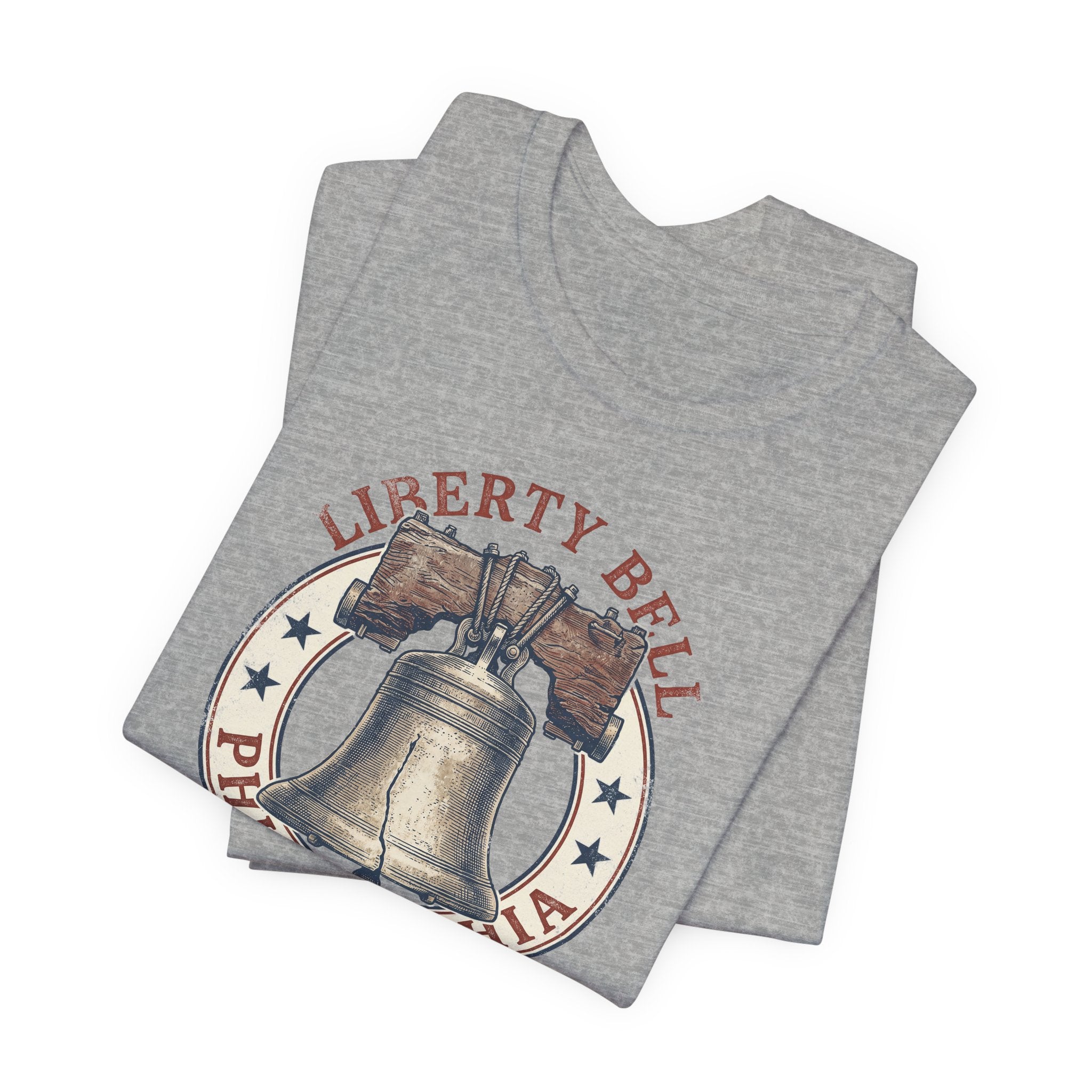Dark grey heather Liberty Bell graphic T-shirt with bell and circular Philadelphia emblem