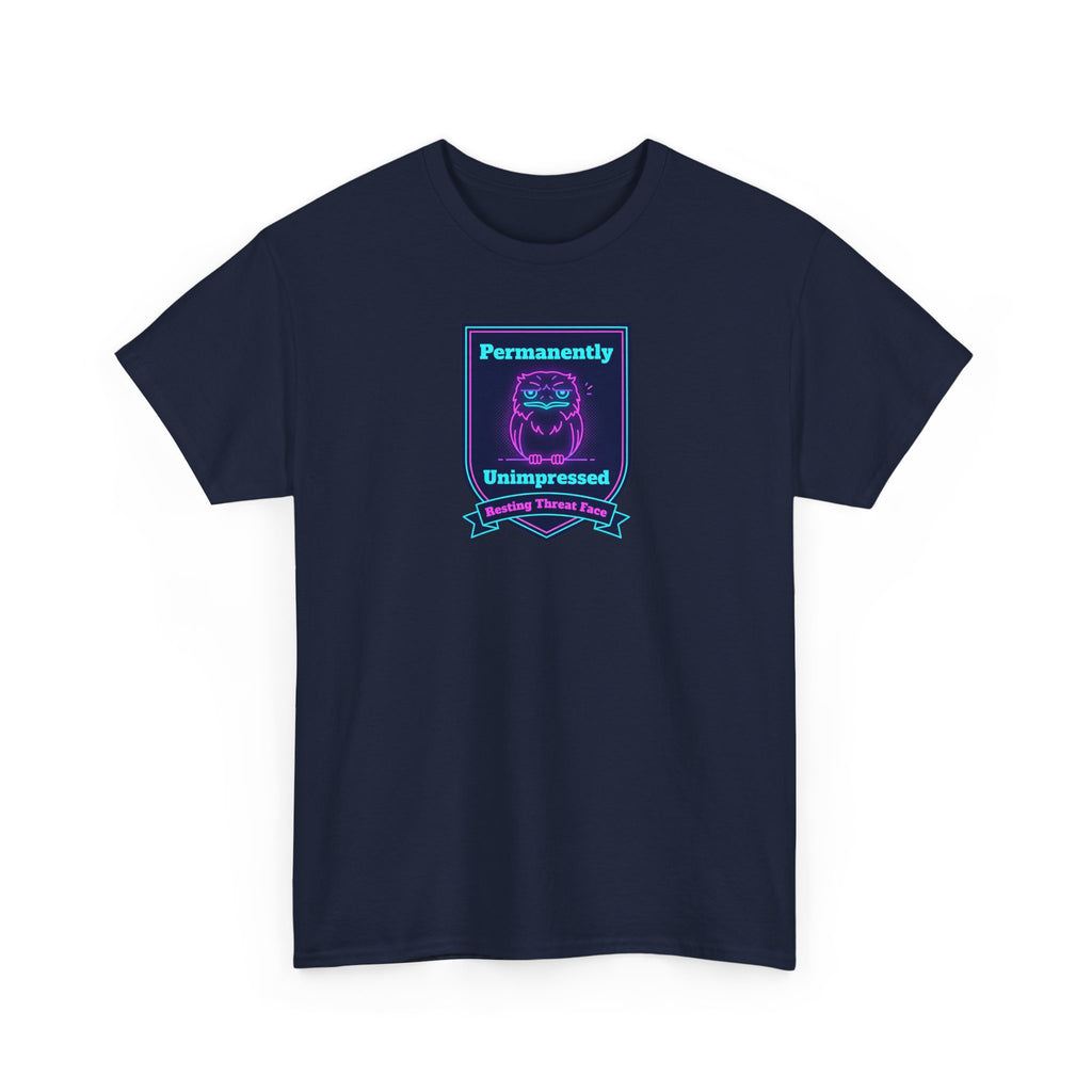 Dark navy crewneck tee with “Permanently Unimpressed” robot badge graphic on front.