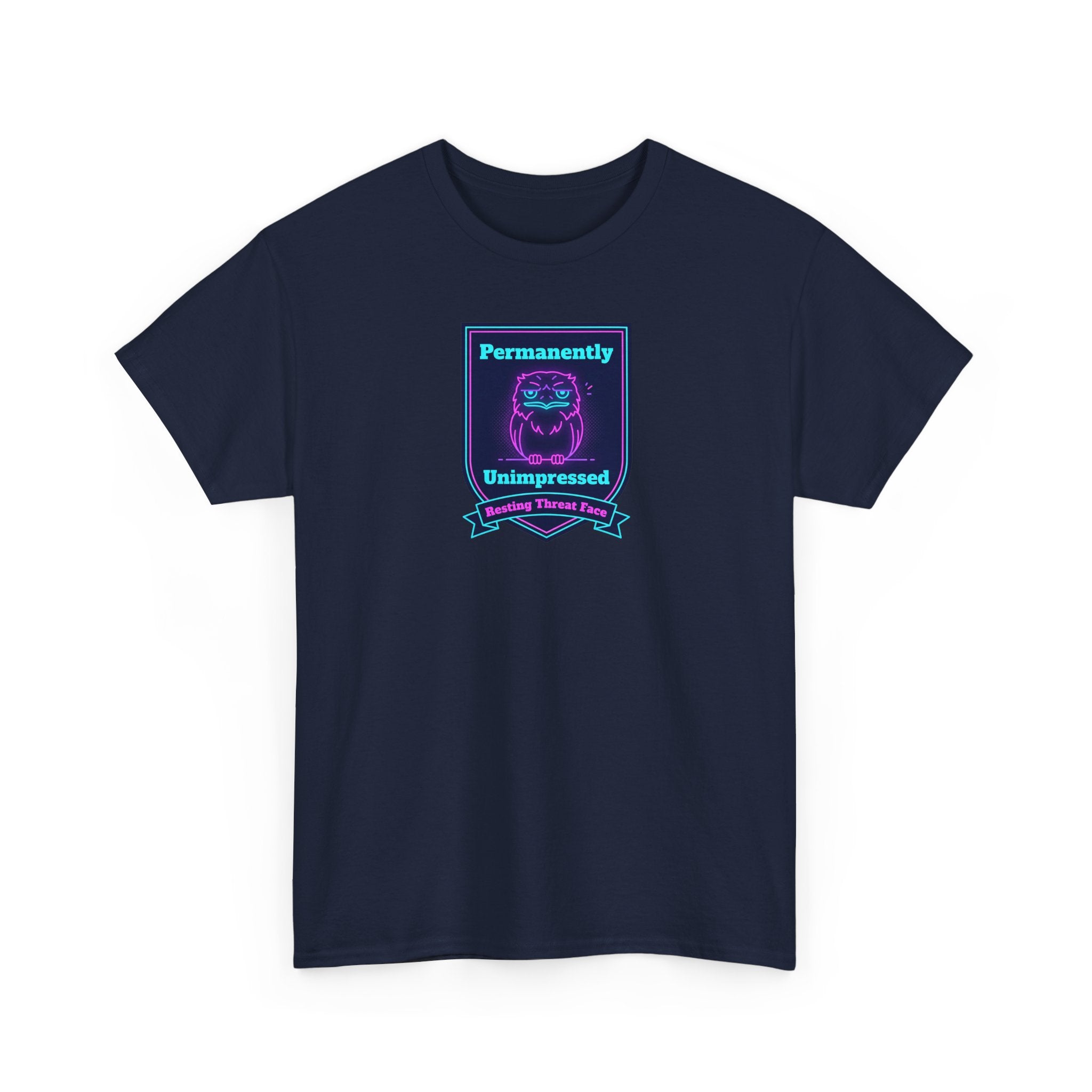 Dark navy crewneck tee with “Permanently Unimpressed” robot badge graphic on front.