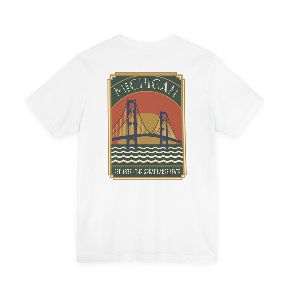 White T-shirt with Michigan bridge art deco graphic and Est. 1837 print