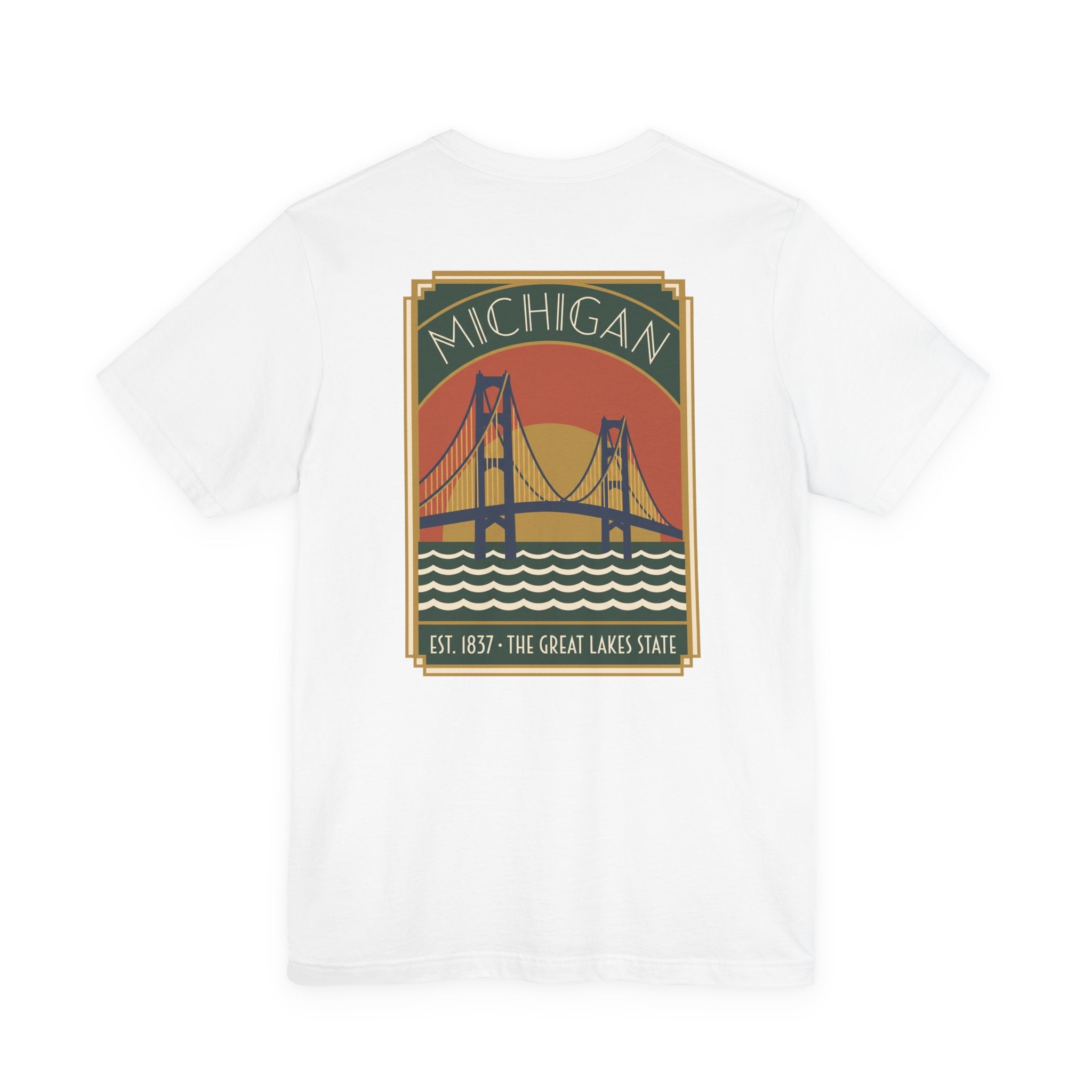 White T-shirt with Michigan bridge art deco graphic and Est. 1837 print