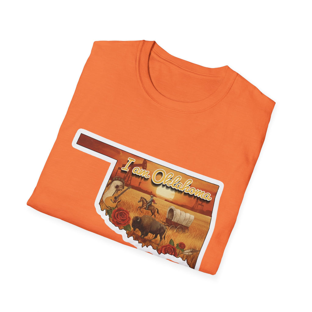Orange T-shirt with “I am Oklahoma” cowboy scene graphic on the chest