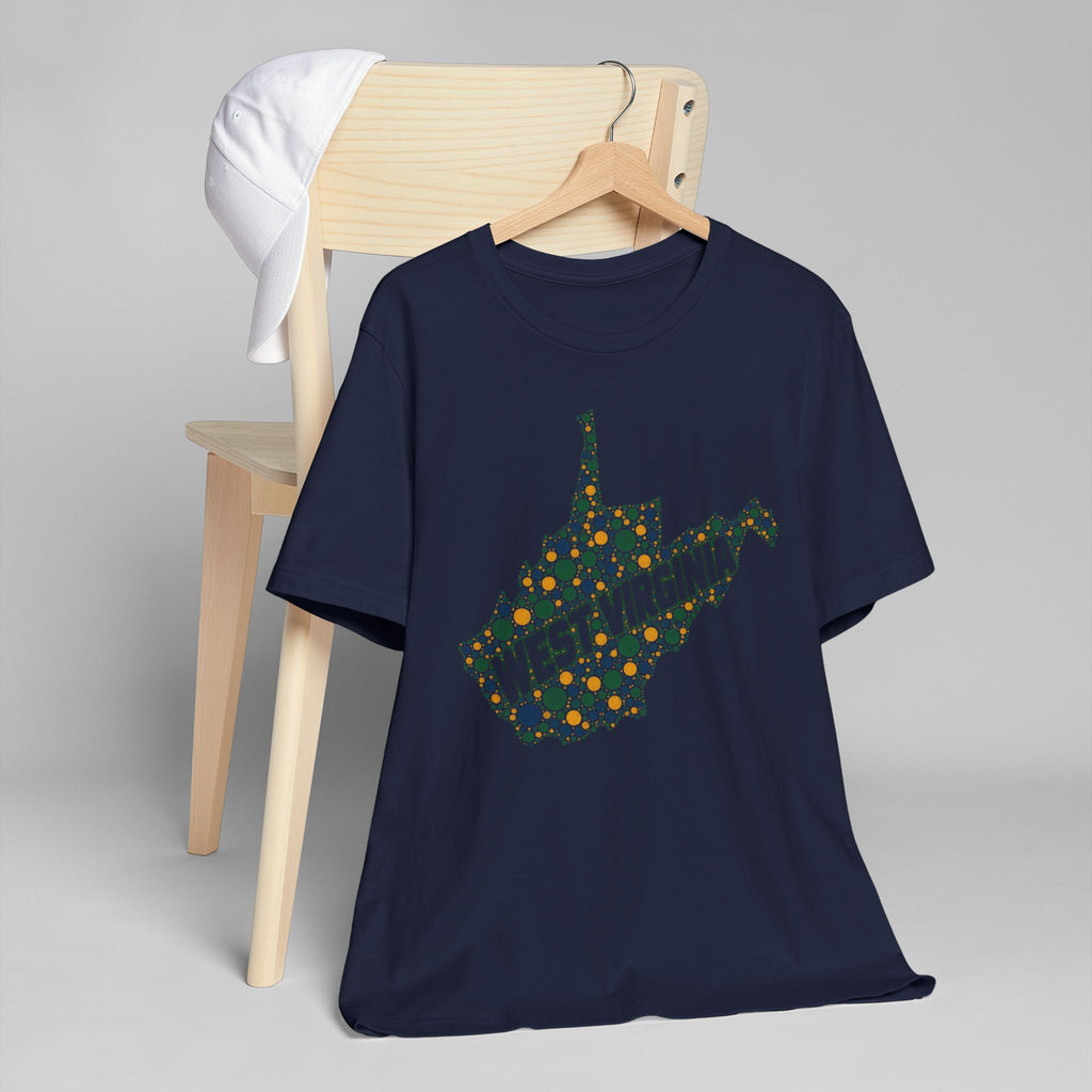 Navy crew-neck T-shirt with multicolor dotted floral West Virginia outline graphic