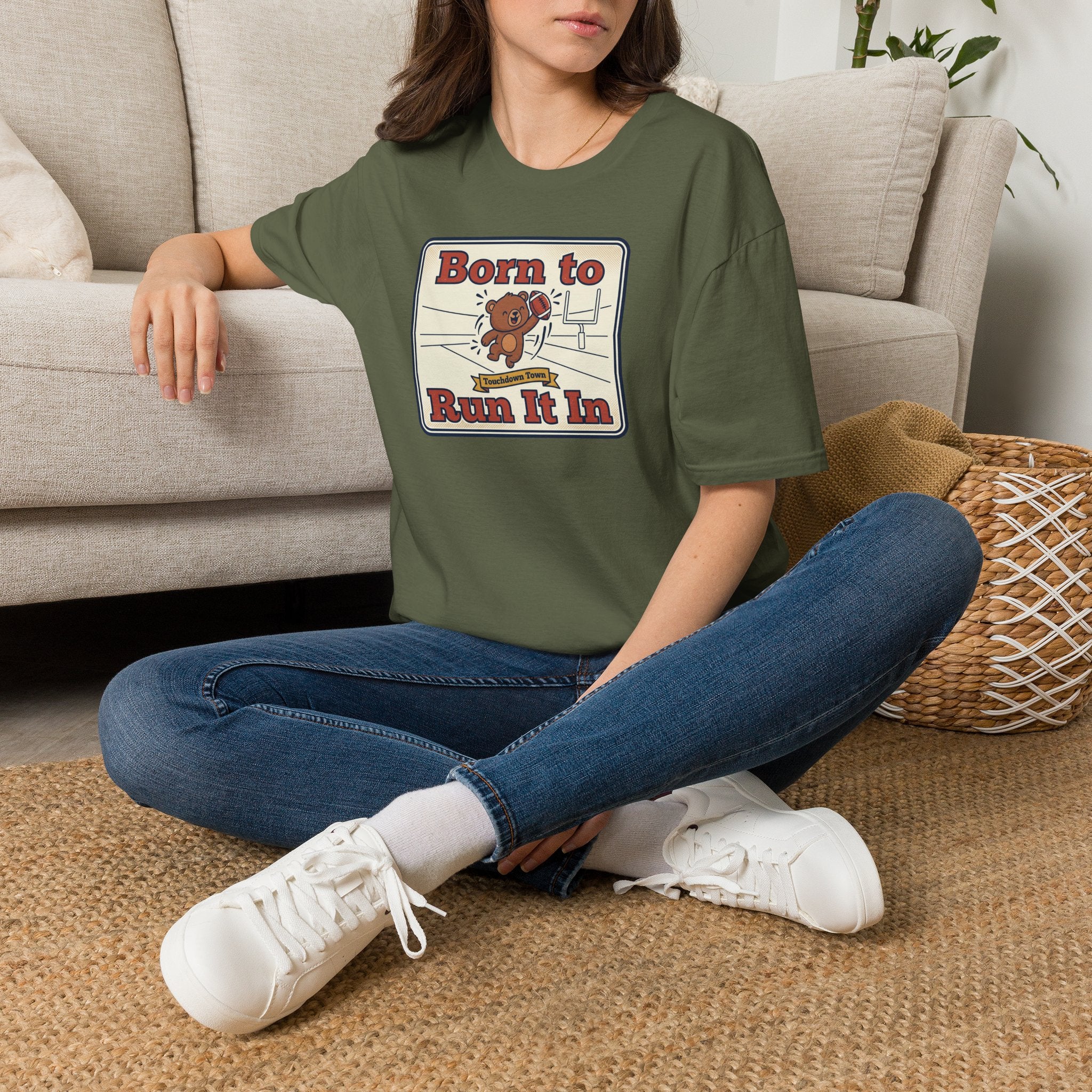 Military green T-shirt with bear running 'Born to Run It In' graphic