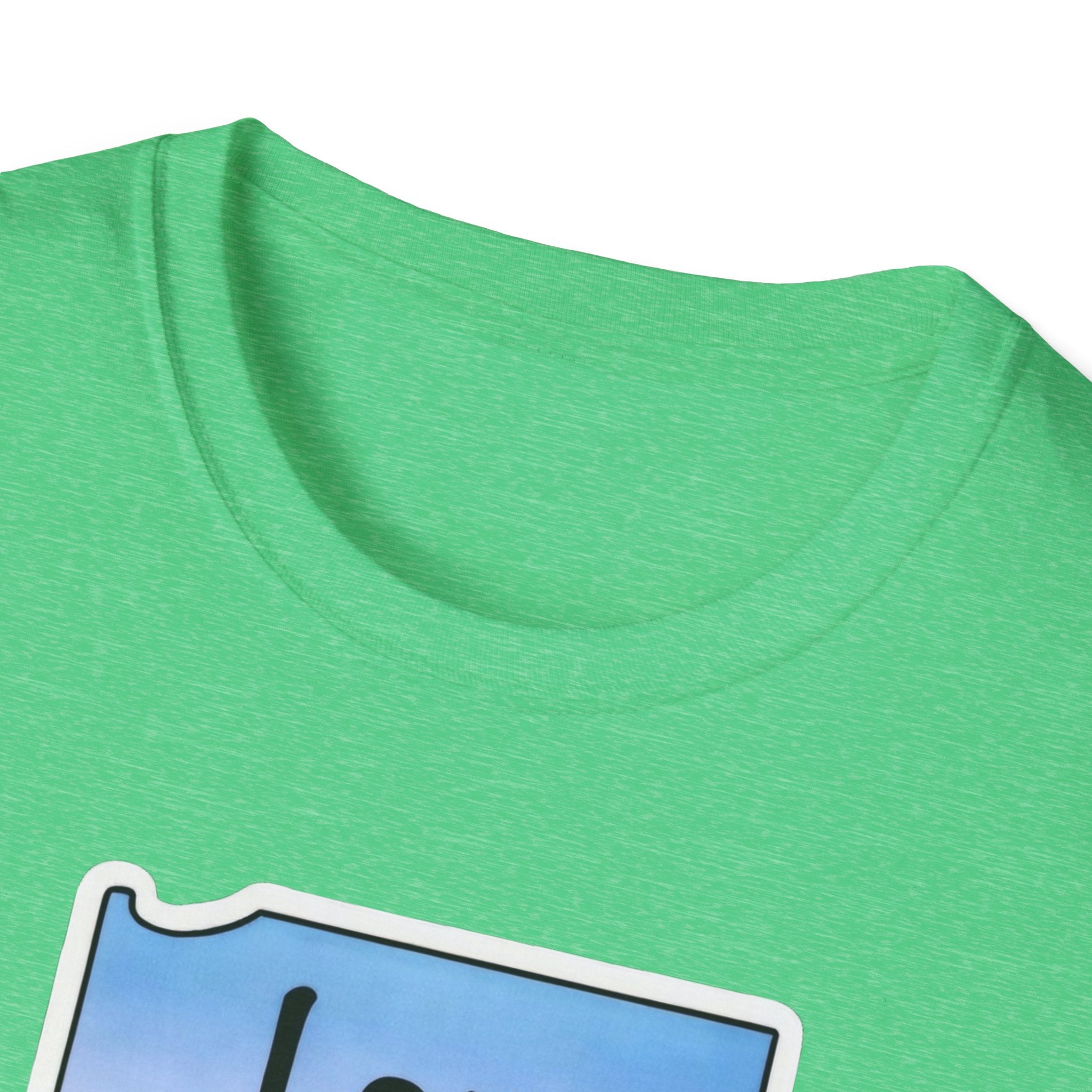 Bright green T-shirt collar with top edge of framed “I am Indiana” print
