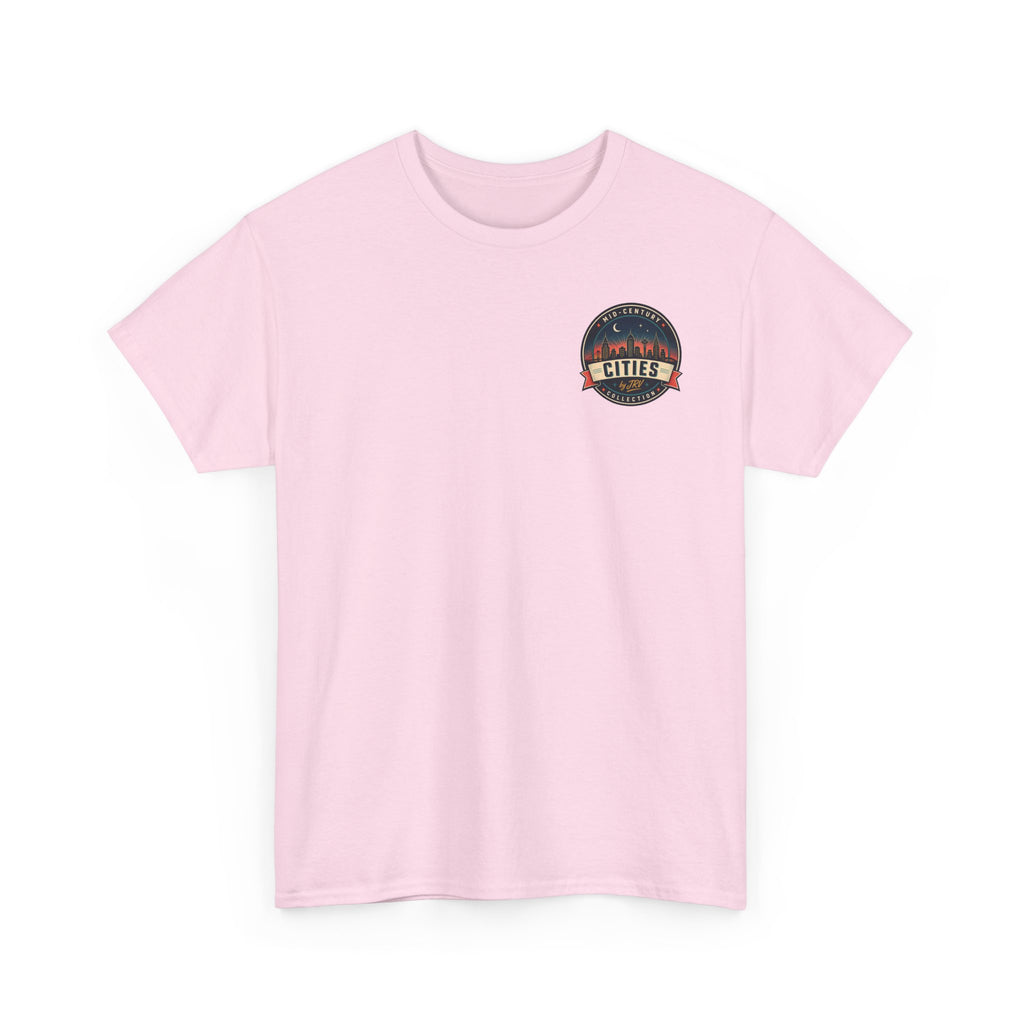 Light pink T-shirt with small circular Cities badge logo on chest
