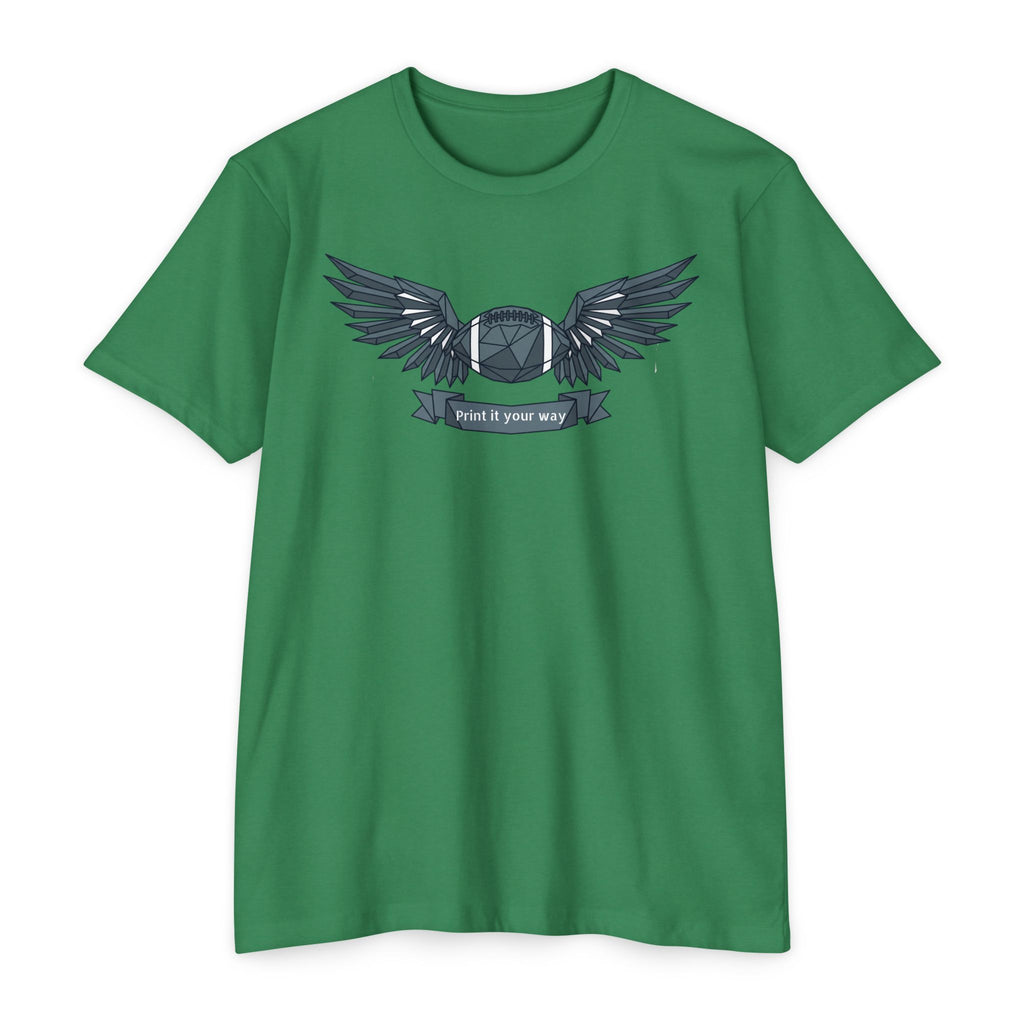 Green short-sleeve T-shirt with winged camera emblem graphic