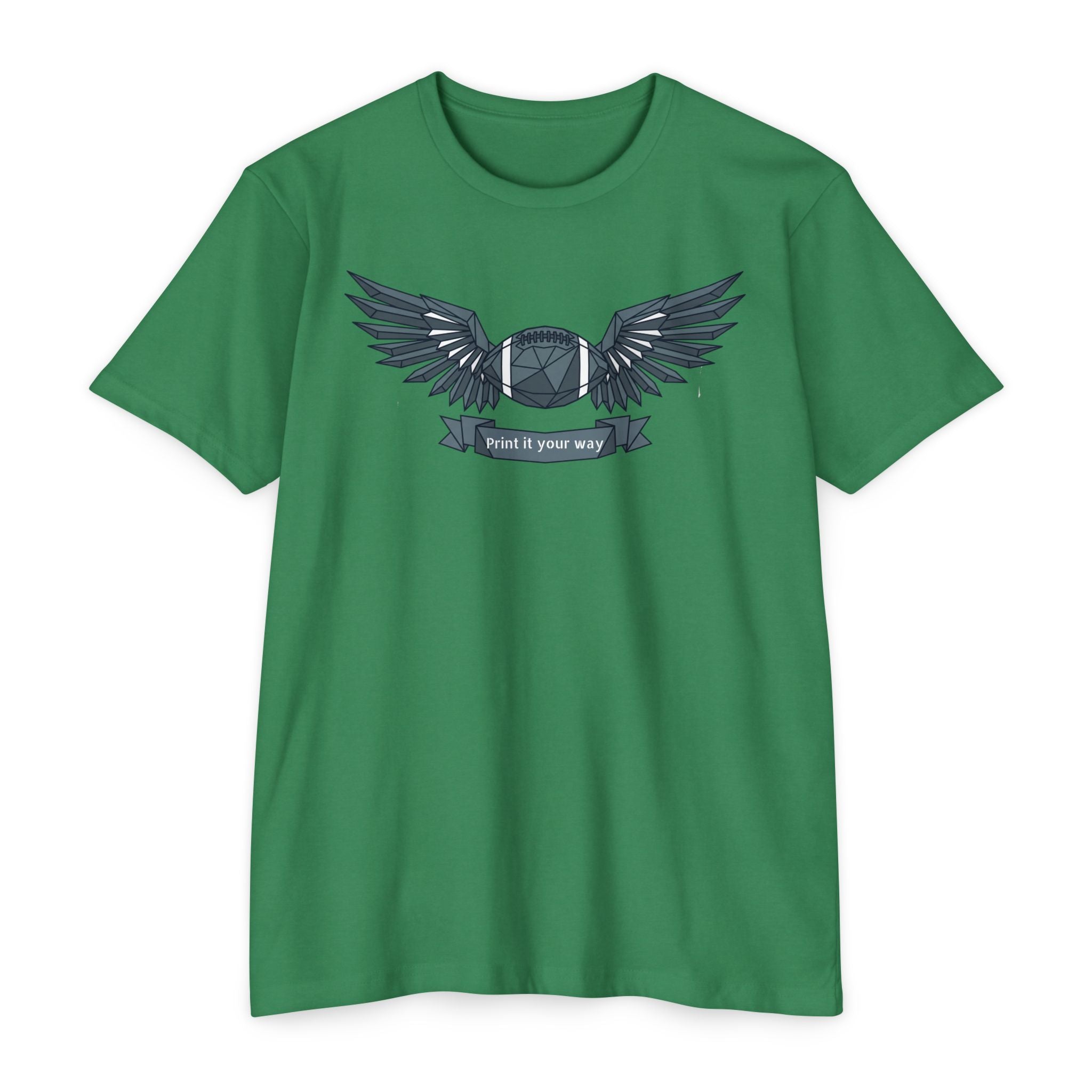 Green short-sleeve T-shirt with winged camera emblem graphic