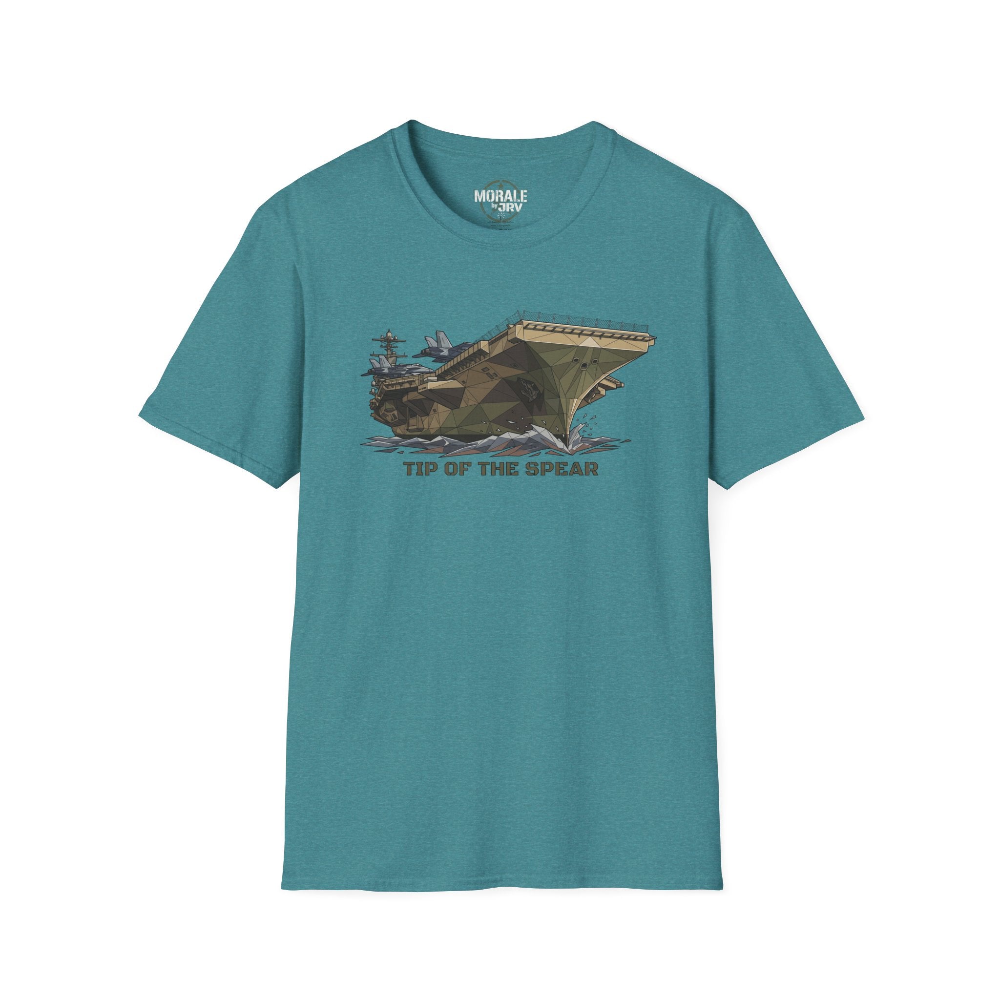 Teal T-shirt with vintage tank graphic and “TIP OF THE SPEAR” chest print