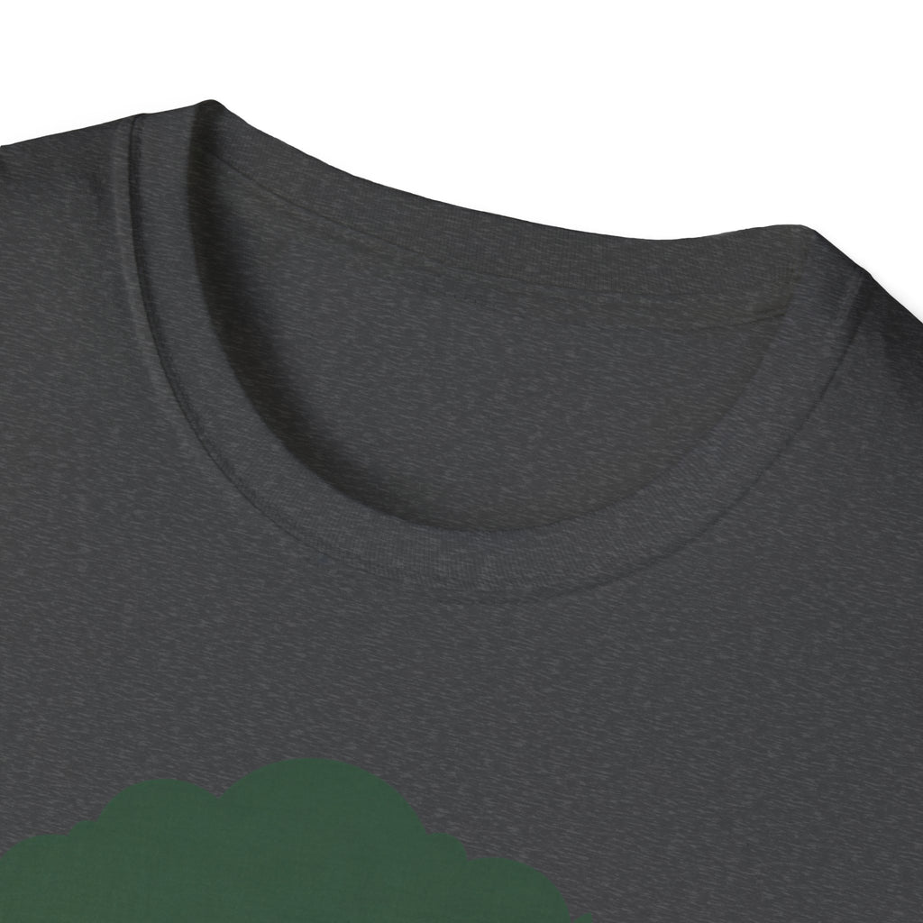 Enchanted Tree T-shirt, dark gray, close-up crew neck and partial tree graphic