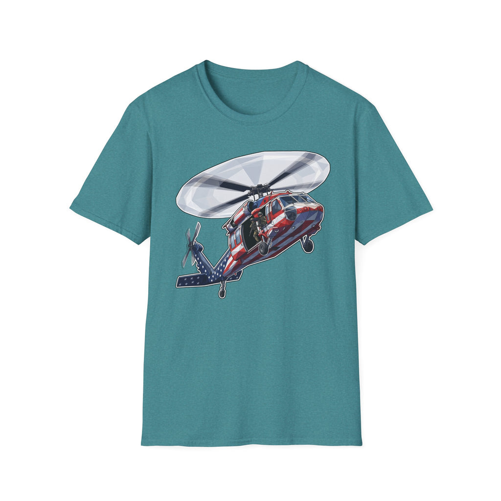 Teal rescue helicopter T-shirt with large chest graphic