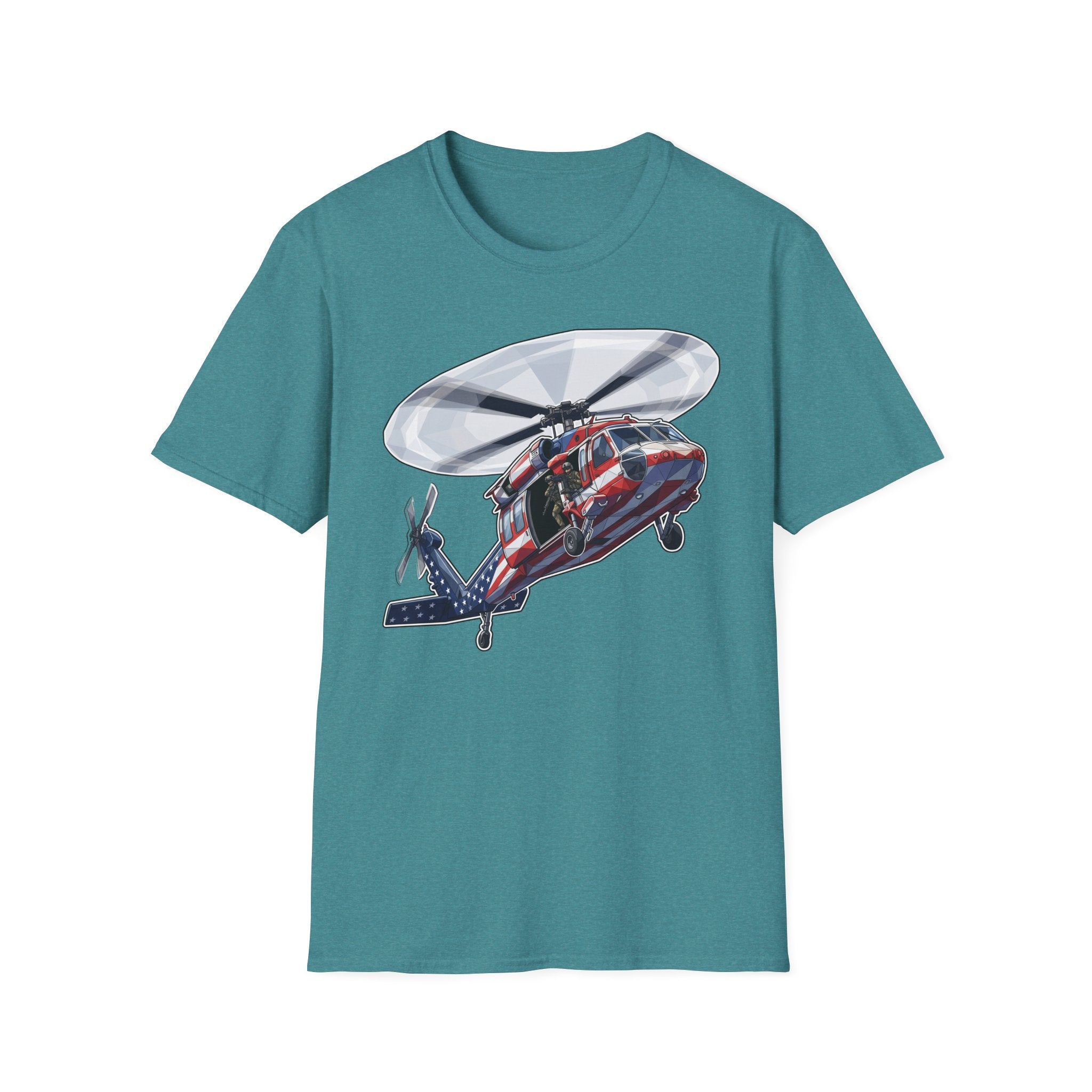 Teal rescue helicopter T-shirt with large chest graphic